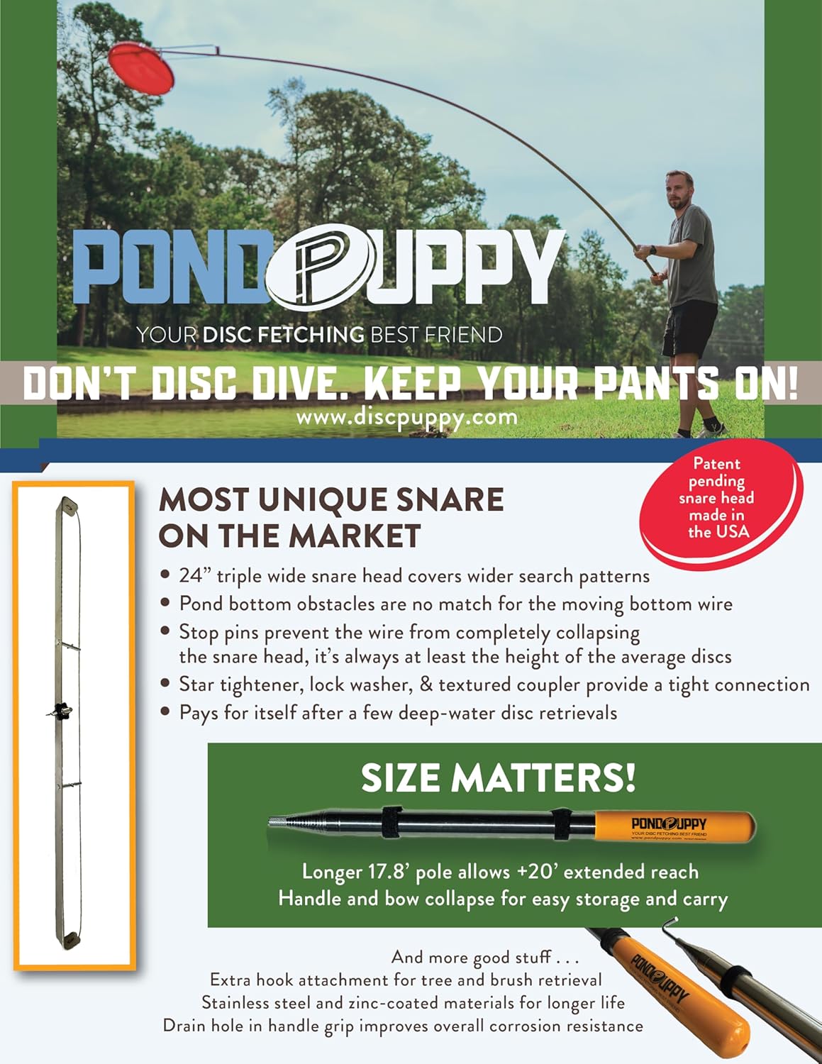 Pond Puppy Disc Golf Retriever - Deep Water Triple-Wide Disc Golf Grabber - XXL 17.8 ft Telescoping Pole Disc Retriever Tool