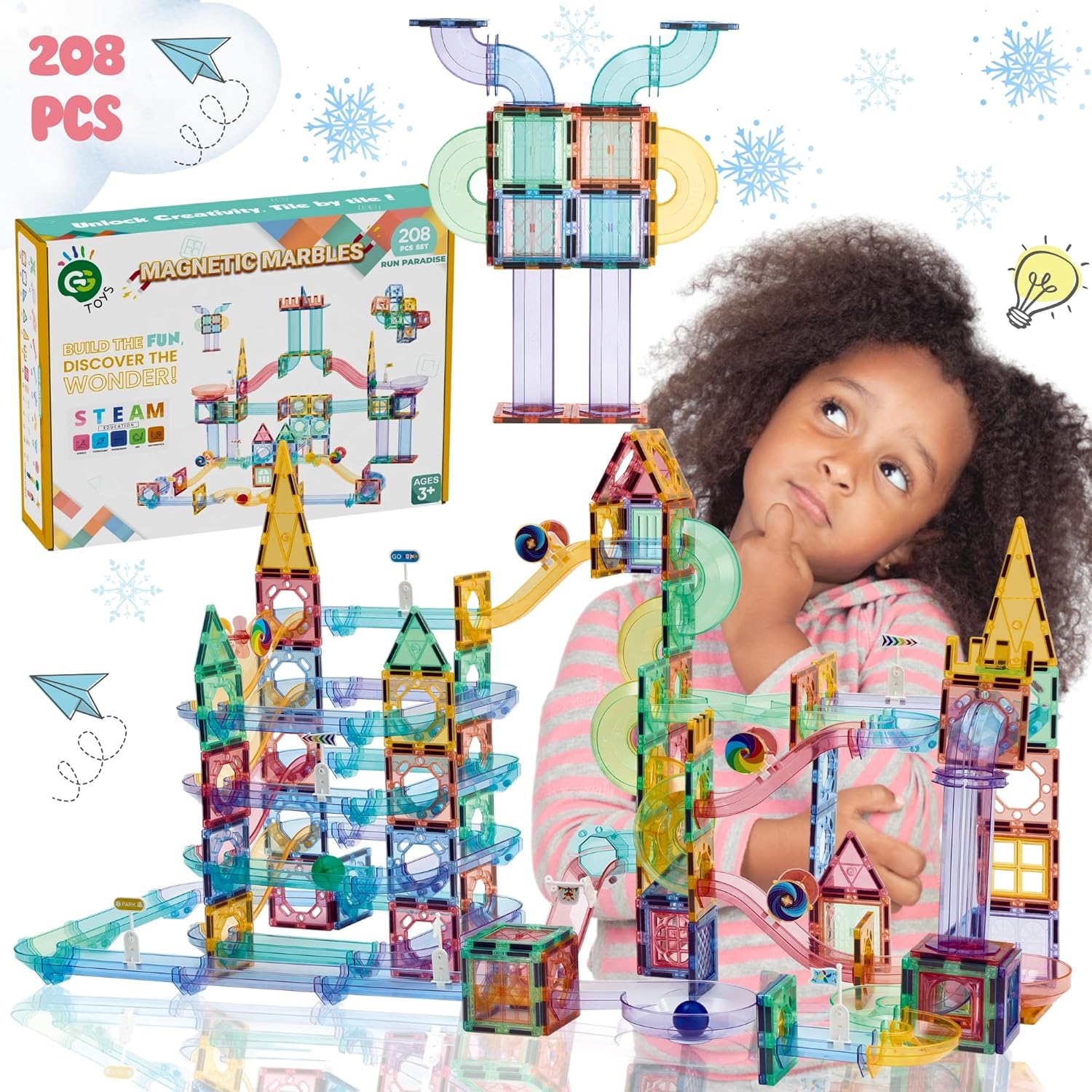 Magnetic Marble Run – 208 PCS Magnetic Tiles & Construction Blocks Set – STEM Building Toys for Boys & Girls Ages 3-9 – 3D Educational Marble Race Game – Gift for Birthdays & Classrooms 208 Pcs Marble Race Track
