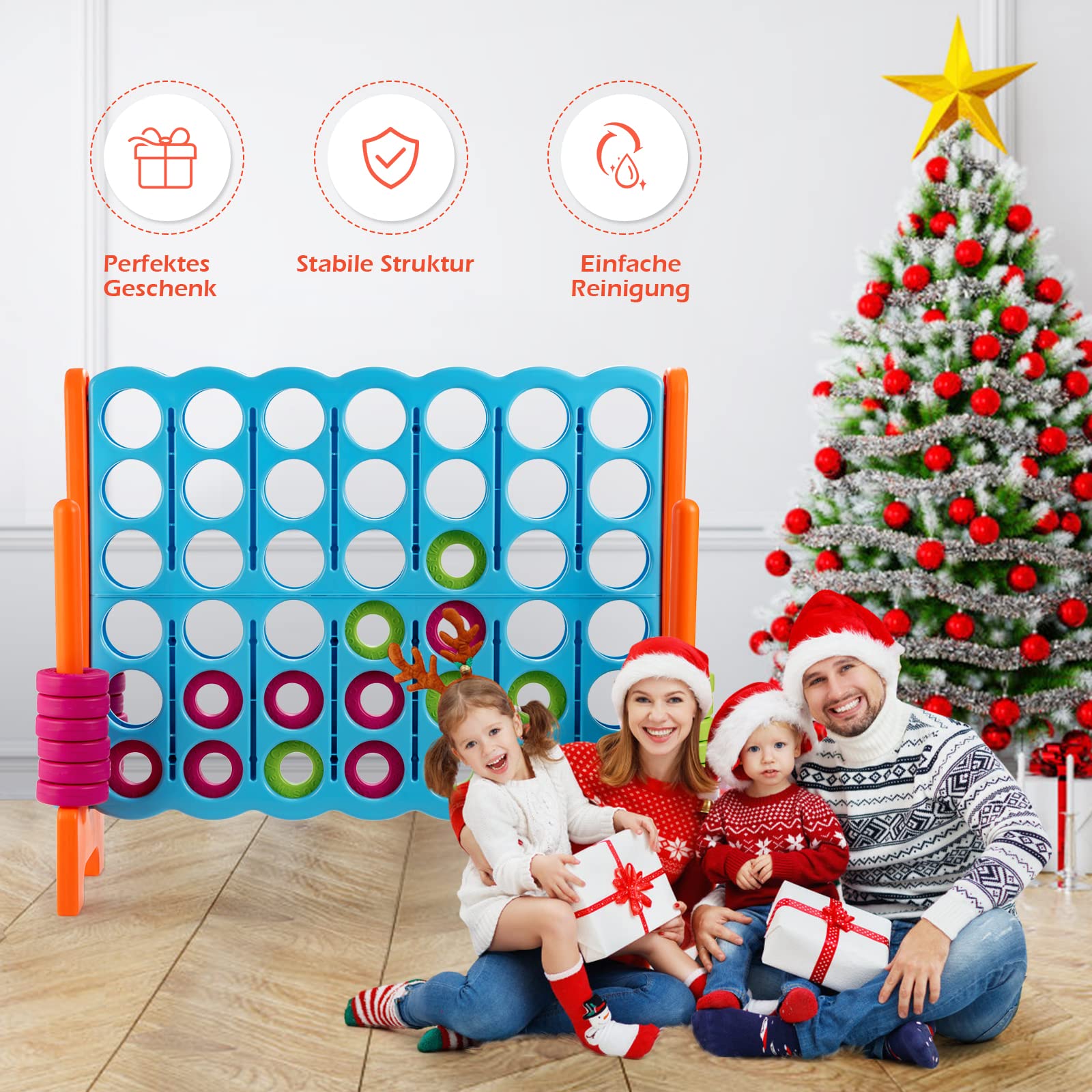 DREAMADE Riesen 4 Gewinnt Spiel, Strategiespiel für Kinder und Erwachsene, 4 in Einer Reihe, Brettspiel Spielzeug Gesellschaftsspiel 2 Spieler, Vier in Reihespiel Kinderspiel (Orange + Blau)