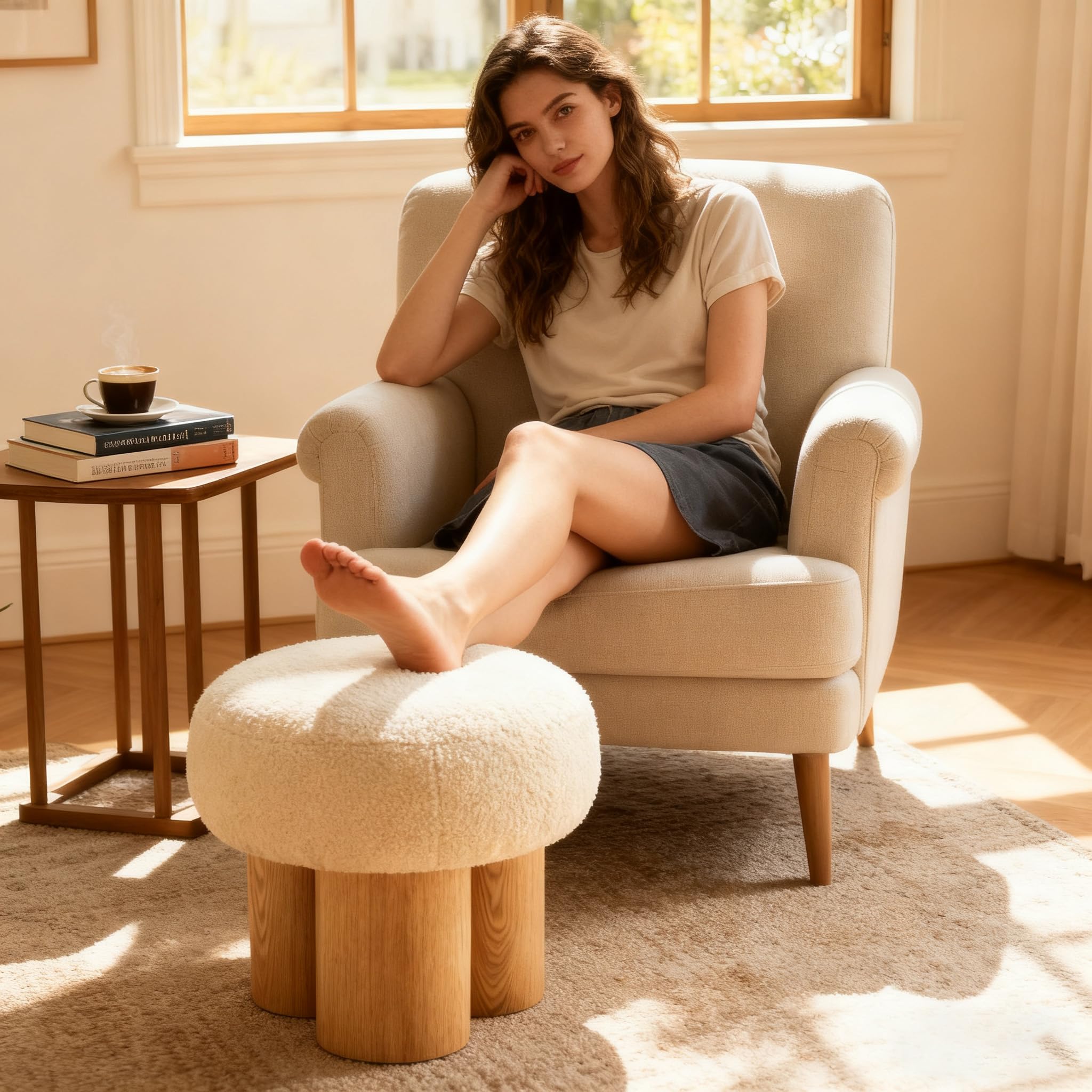 Round Foot Stool, Small Mushroom Ottoman Footstools Modern Pouf Boucle Ottoman, Teddy Foot Rest for Couch Sofa Comfy Floor Footrest Step Stool for Living Room,Bedroom,Desk,Office(Beige)