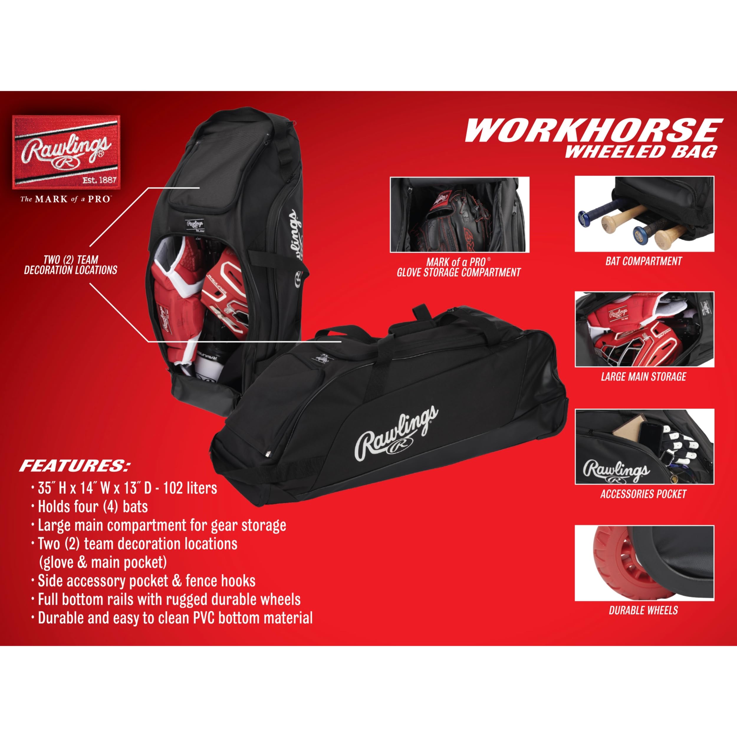 Rawlings | Bolsa de Equipo con Ruedas Workhorse | Béisbol y sóftbol | Múltiples Estilos