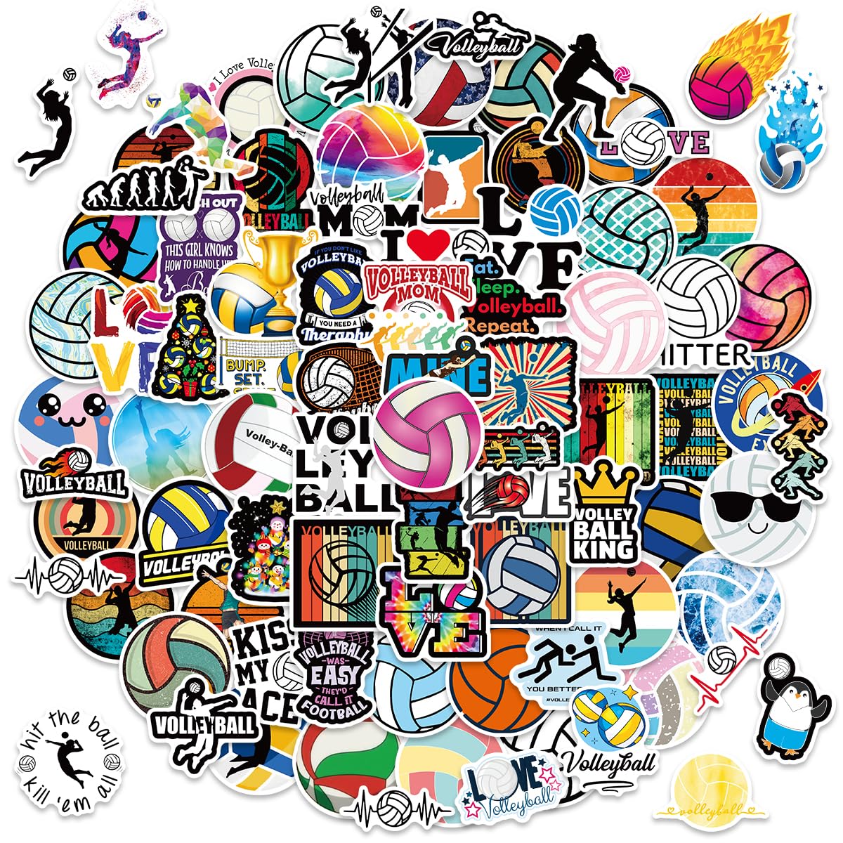 Amitorfo 100pcs Volleyball Stickers for Water Bottles & Laptops – Waterproof Vinyl Decals, 6–7 cm, Sports Gifts for Players, Coaches, Teens, Girls, Fans – Matte PVC, Easy Peel & Stick
