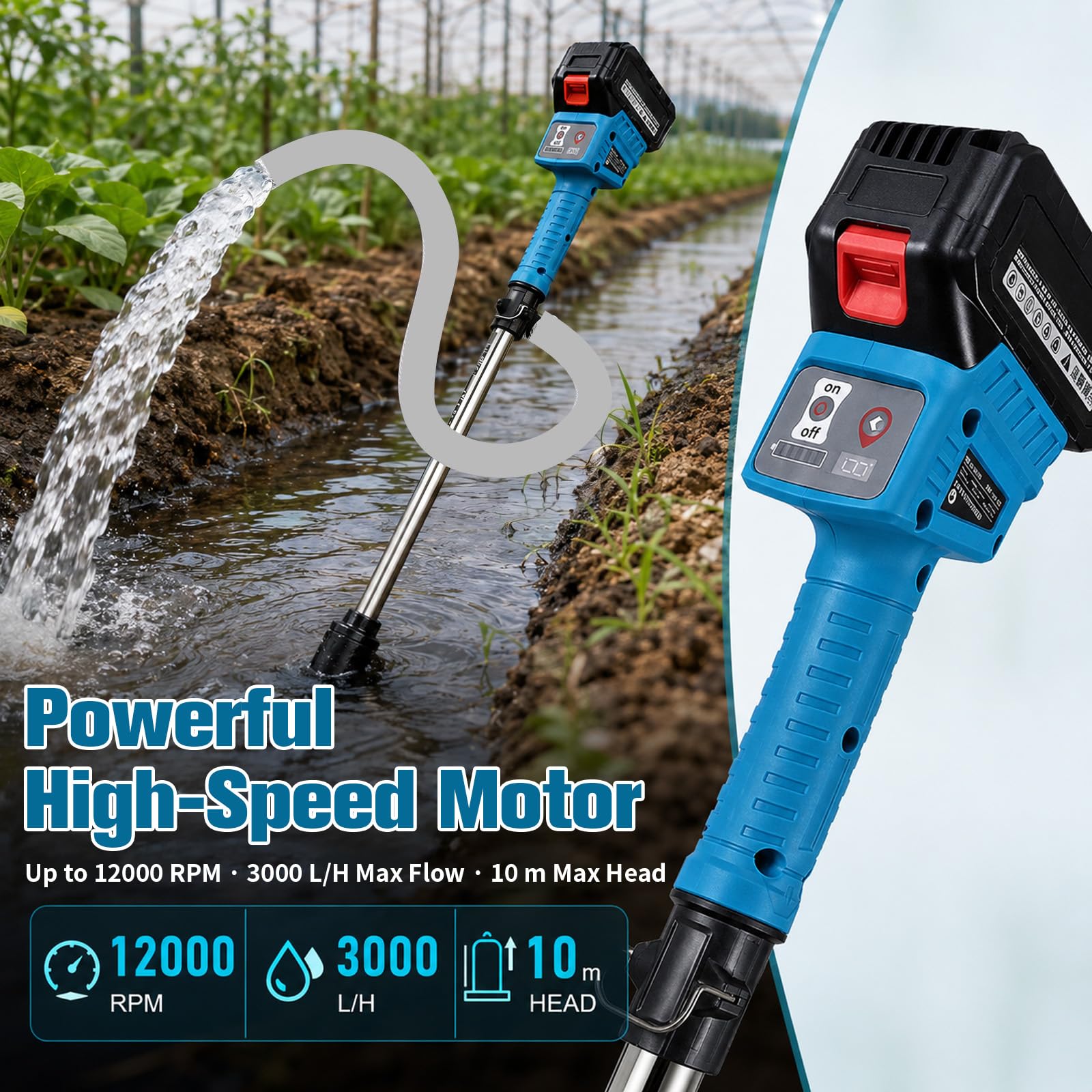 Akumulatorowa pompa do beczki deszczowej kompatybilna z Makita 18 V – pompa do beczki deszczowej o wysokości tłoczenia 3000 l/h, 3-stopniowy przepływ, wąż 8 m, zdejmowany filtr brudu, do ogrodu