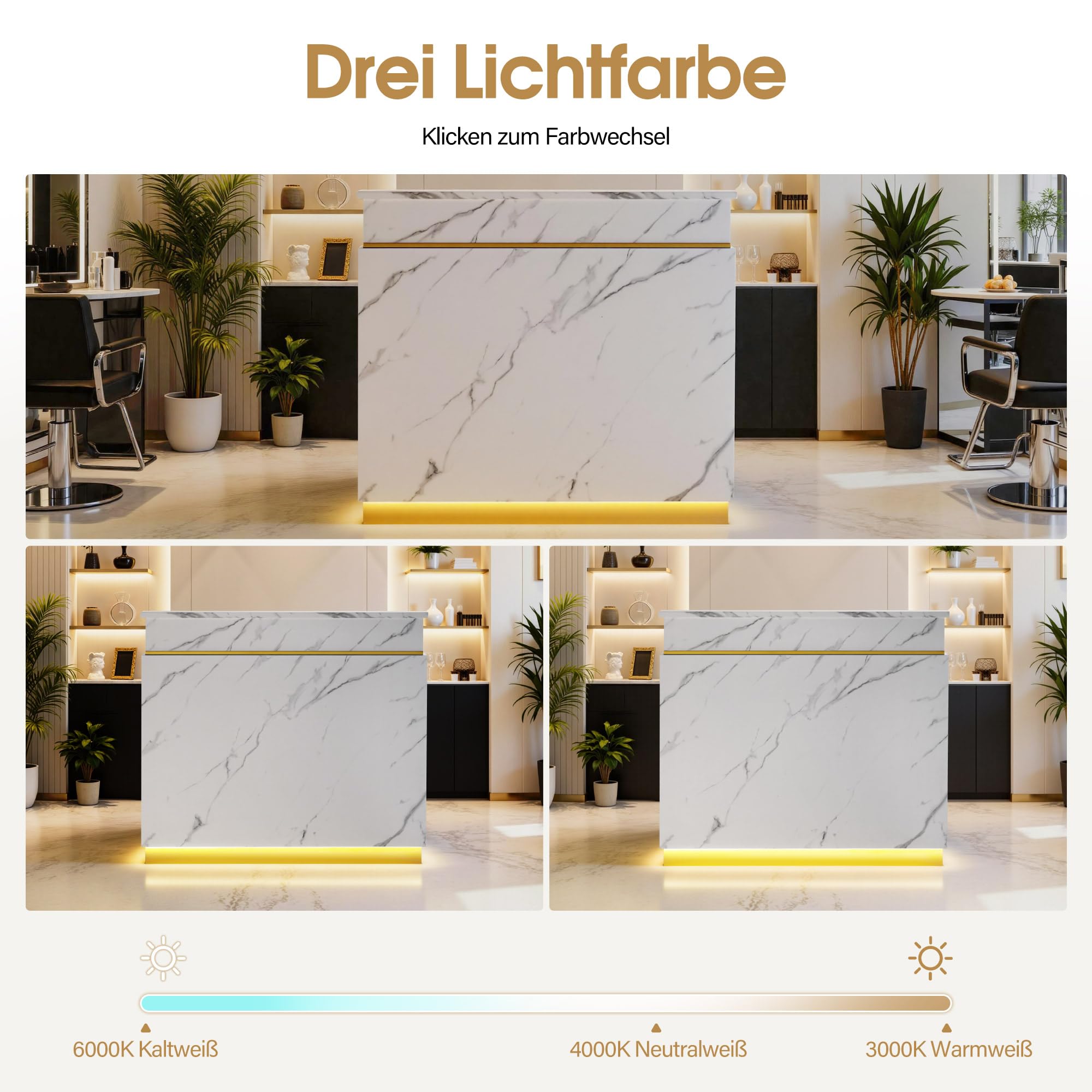Barberpub Empfangstheke mit 3 Schubladen & 1 Schrank, Empfangstisch mit Beleuchtung, 55x120x107 cm