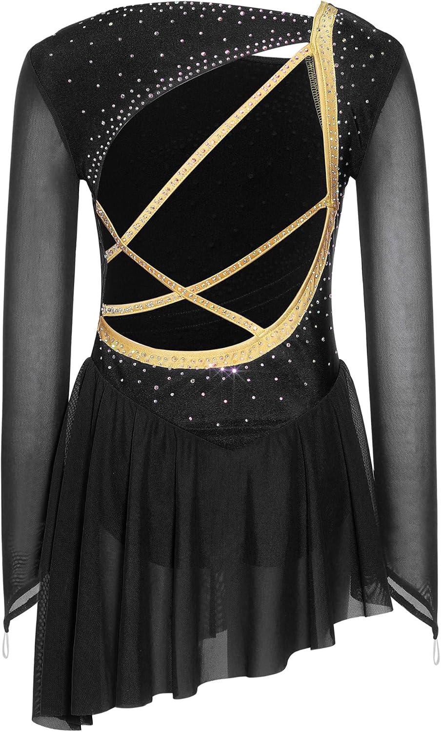 Alvivi Figure Ice Skating Dress for Girls Shiny Rhinestone Long Sleeve Cutout Back Modern Lyrical Dance Dress for Competition
