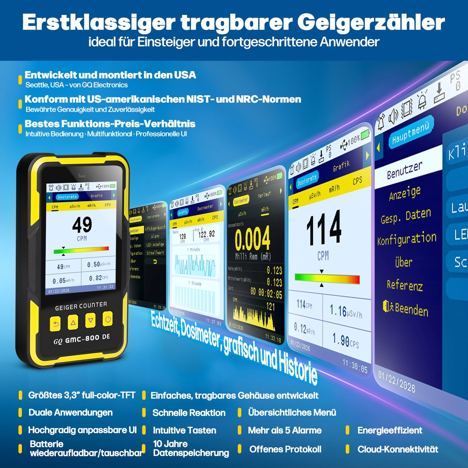 GQ GMC-800 Geigerzähler Strahlungsdetektor Dosimeter Beta Gamma Röntgen