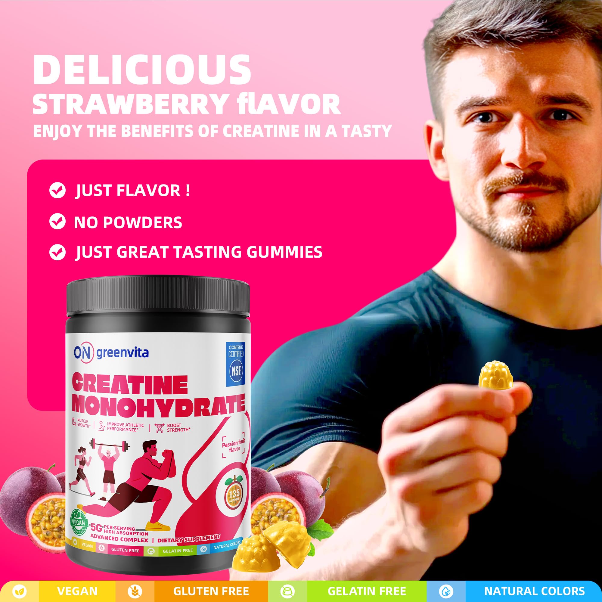 Creatine Monohydrate Gummies, NSF Certified Creatine Gummy, 5g Dose for Men & Women to Support Muscle, Strength, Recovery, Cognitive Health & Memory, Passion Fruit Flavor, 135 Gummies — Amazon image 5