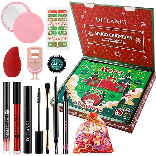 Calendario de Adviento de maquillaje 2024, kit de regalo de maquillaje sorpresa de Navidad de DE'LANCI para mujeres, calendario de cuenta regresiva