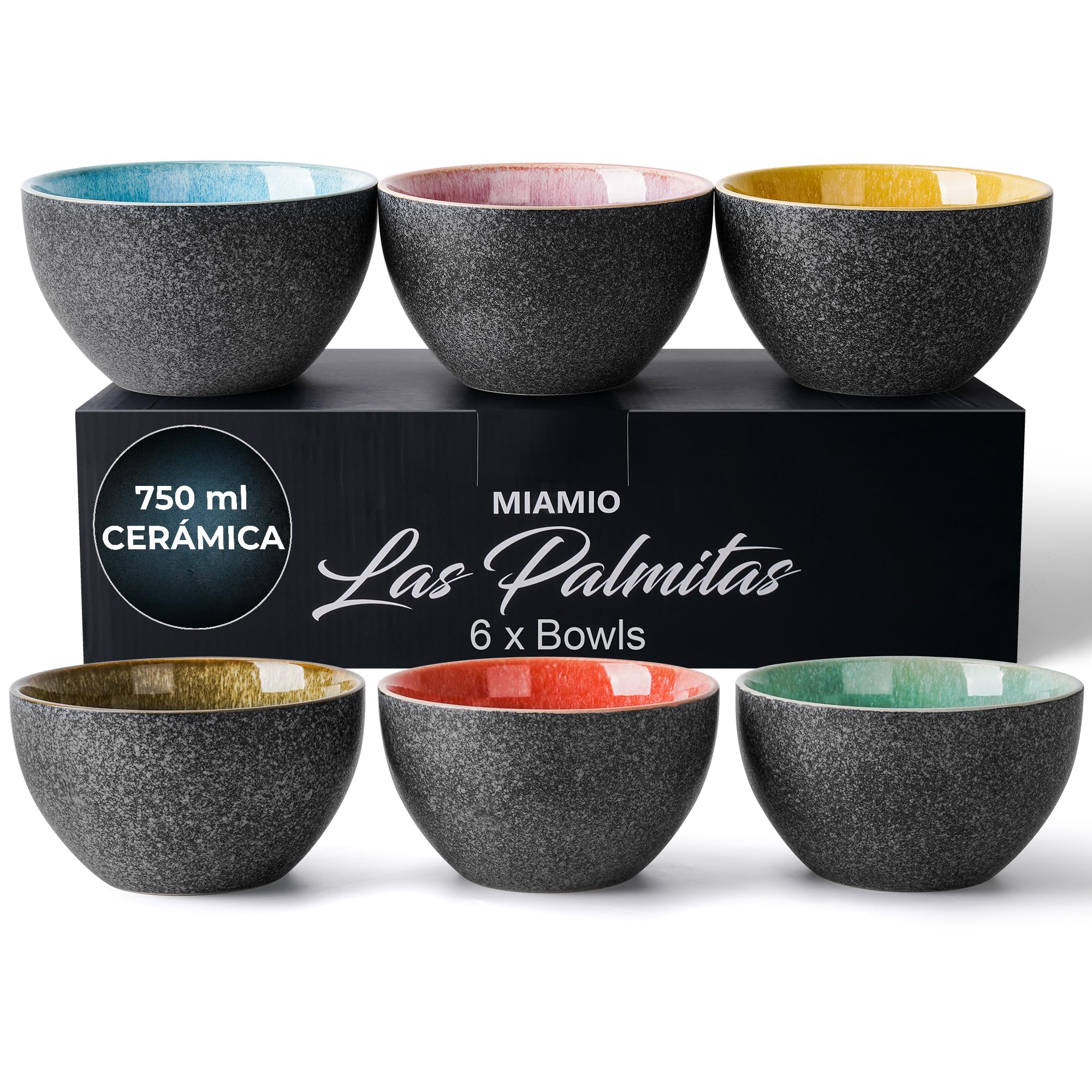 MIAMIO – 750 ml, Juego de 6 Cuencos, Cuenco de Cerámica, Cuencos de Ensalada, Cuenco de Sopa, Cuenco de Cereales – Apto para Microondas y Lavavajillas – Colección Las Palmitas