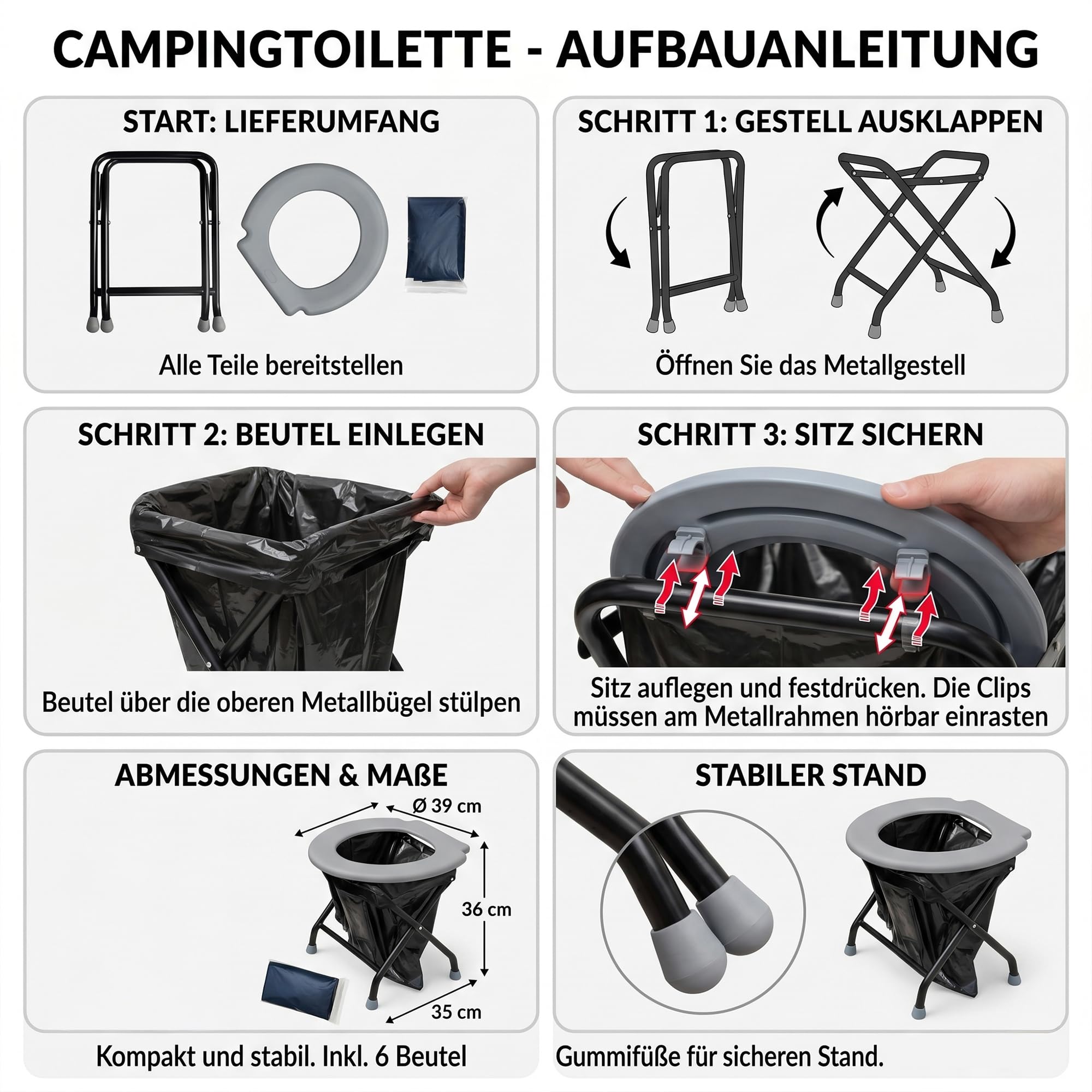 Yachticon Kit Toilette pliable avec 6 sacs - gris