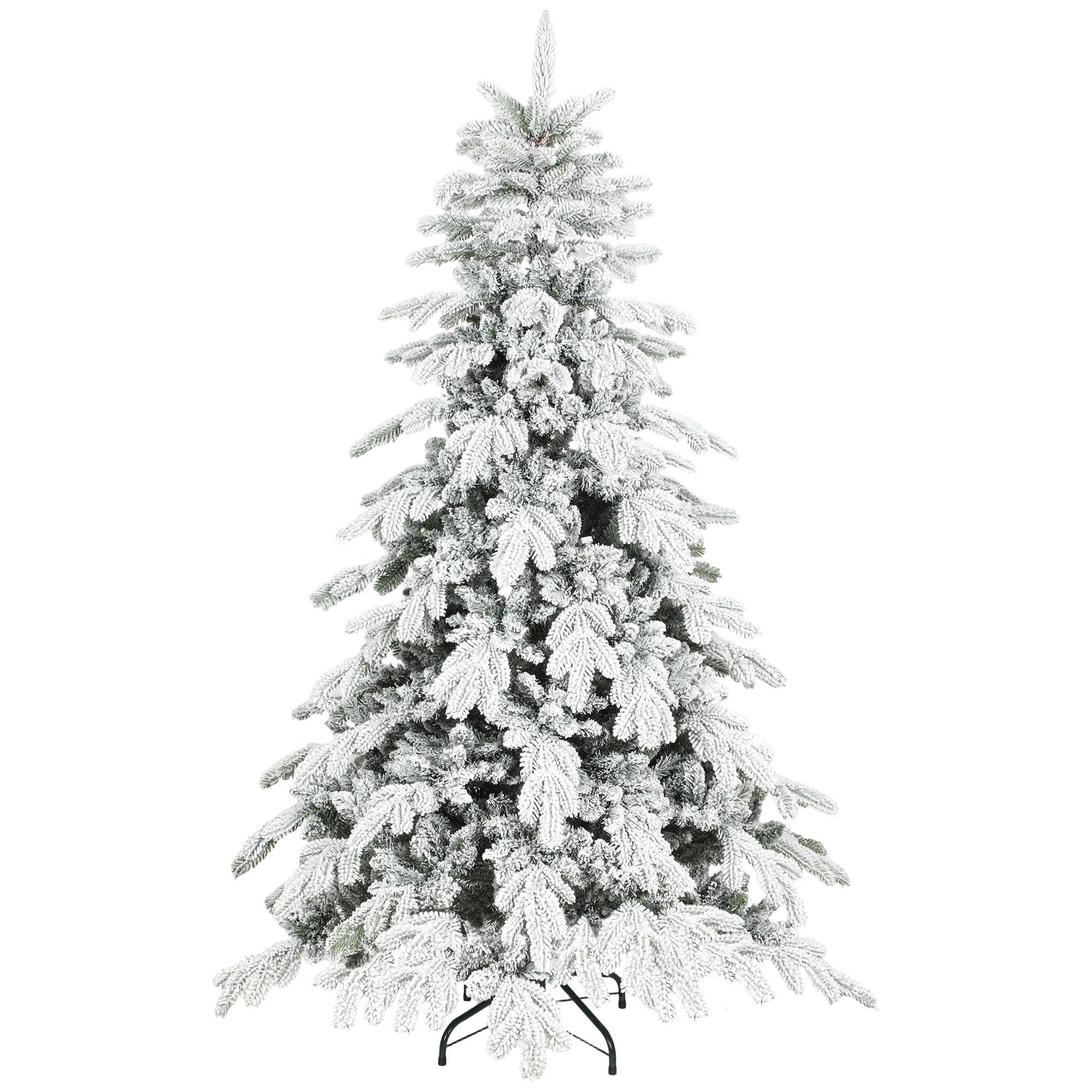 Homcom Green 6Ft Artificial Christmas Tree, Snow Flocked Christmas Tree With Realistic Dense Branches, Hinged Design, Metal Stand, Wide Shape, Easy Assembly, Xmas Home Decoration, White