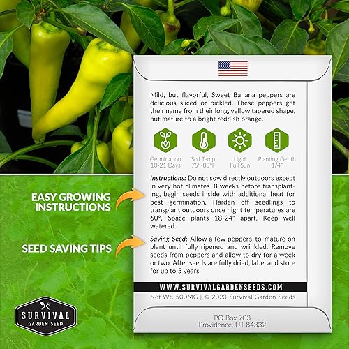 Miniatura 2 de Survival Garden Seeds - Semilla de pimiento dulce de plátano para plantar - 2 paquetes con instrucciones para plantar y cultivar pimientos amarillos