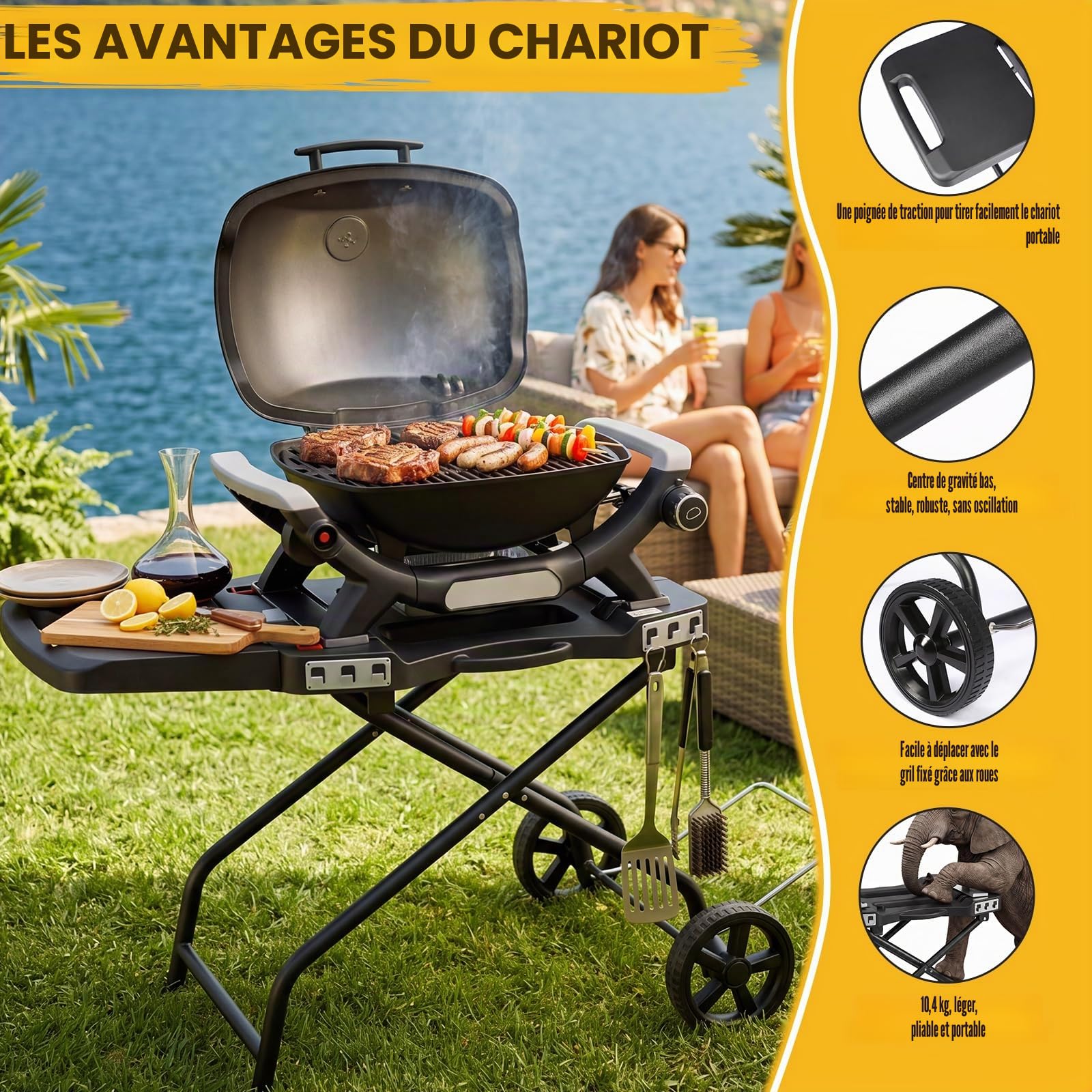 GFTIME Chariot pour Weber Q1000, Q2000 barbecues à gaz, chariot de grill pour Blackstone 43/56cm, support de barbecue extérieur, chariot de service pour barbecue pour Weber Q1200, Q1400, Q2200, Q2400.