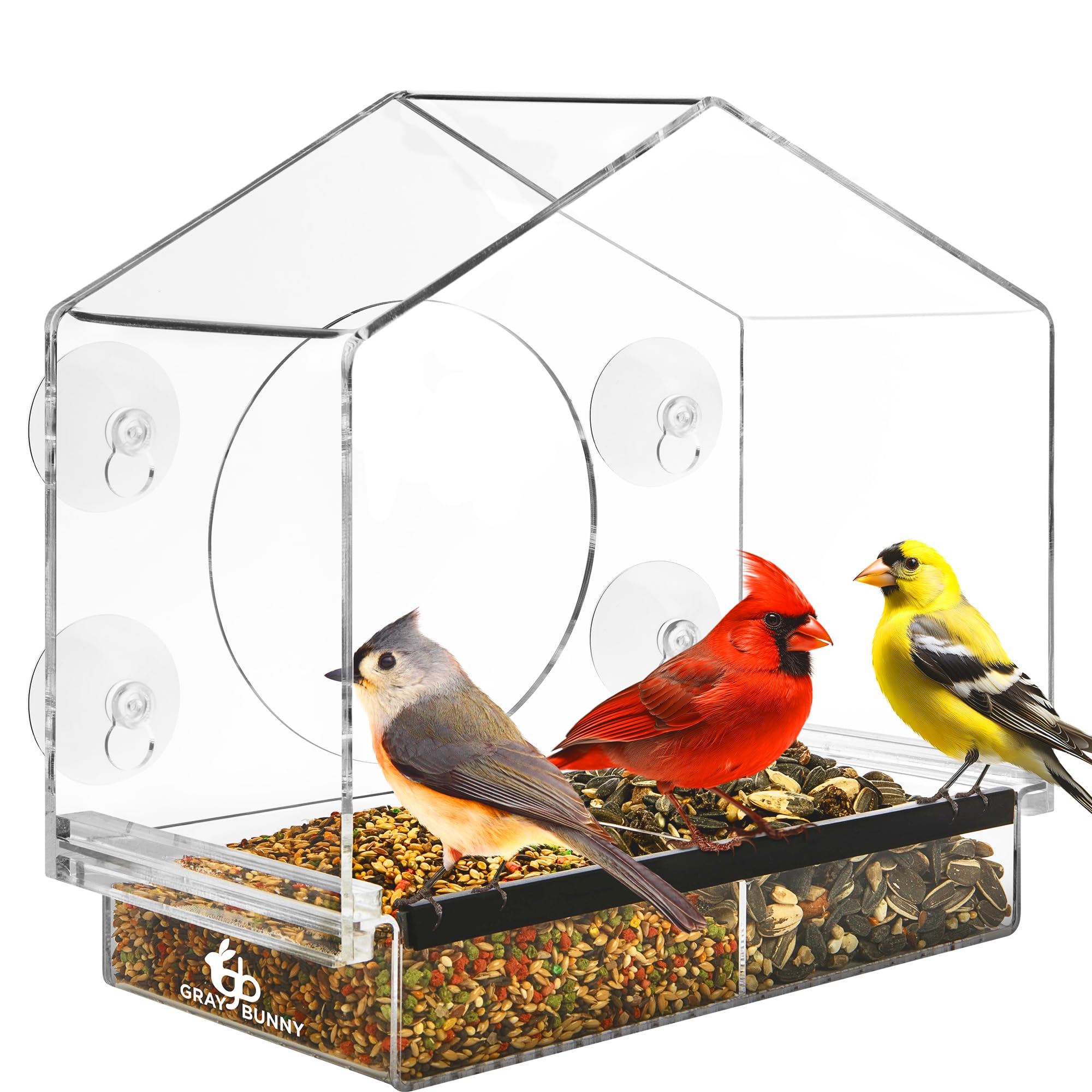 Heavy Duty Window Bird Feeder with Strong Suction Cups (Clear) Bird Feeders for Outdoors Viewing with Suction Cup, Drain Holes, Removable Tray and Large Seed Capacity