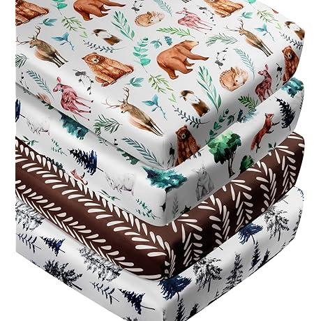 4 Pack Woodland Forest Animals Wood Neutral Unisex Fitted Baby Crib Sheets...
