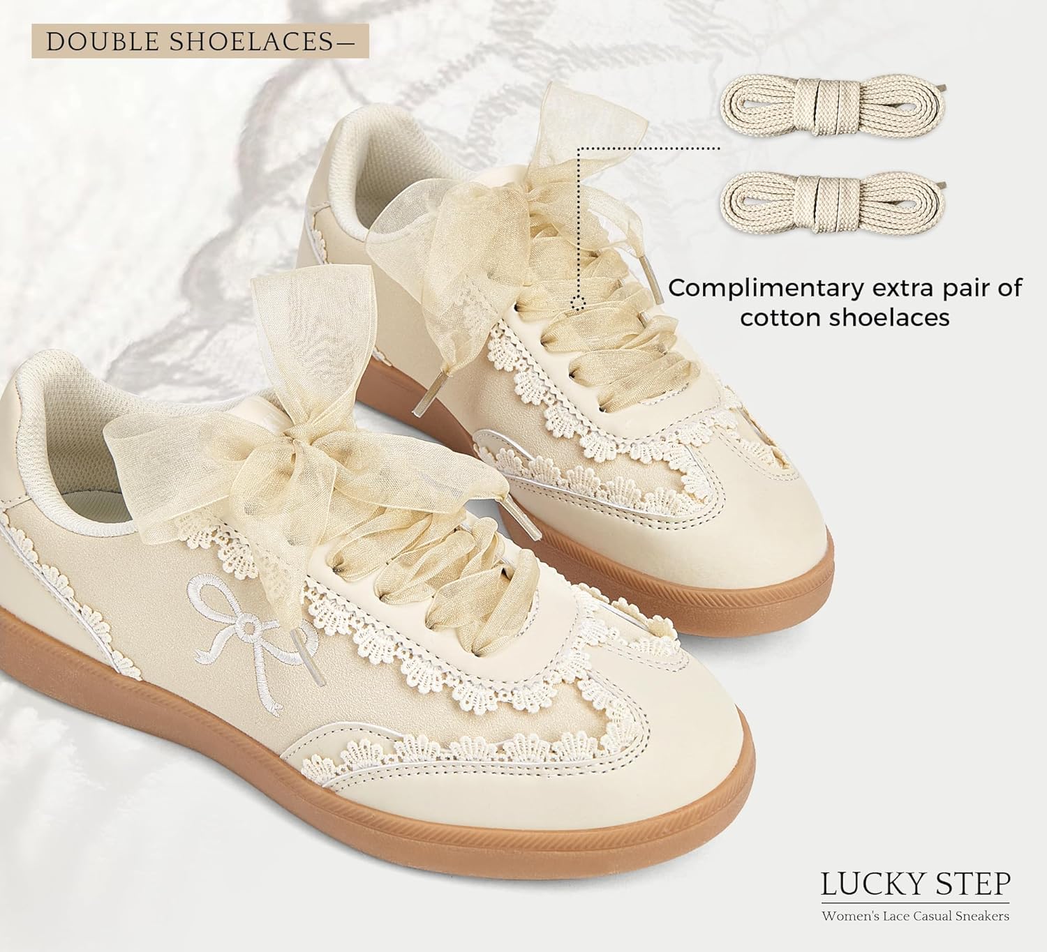 LUCKY STEP Women’s Lace Detail Casual Sneakers Organza Ribbon Lace-Up Fashion Vintage Gum Sole Trendy Cute Shoes - Image 5