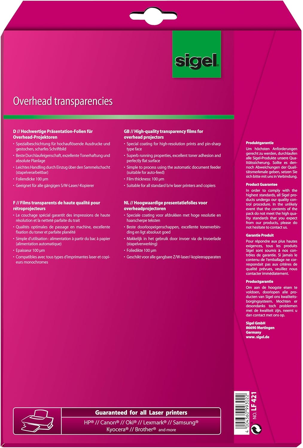 Sigel LF419 Transparency Film for Laser/Copier B&W, clear, 100 mic, A4, 100 sheets : Everything Else