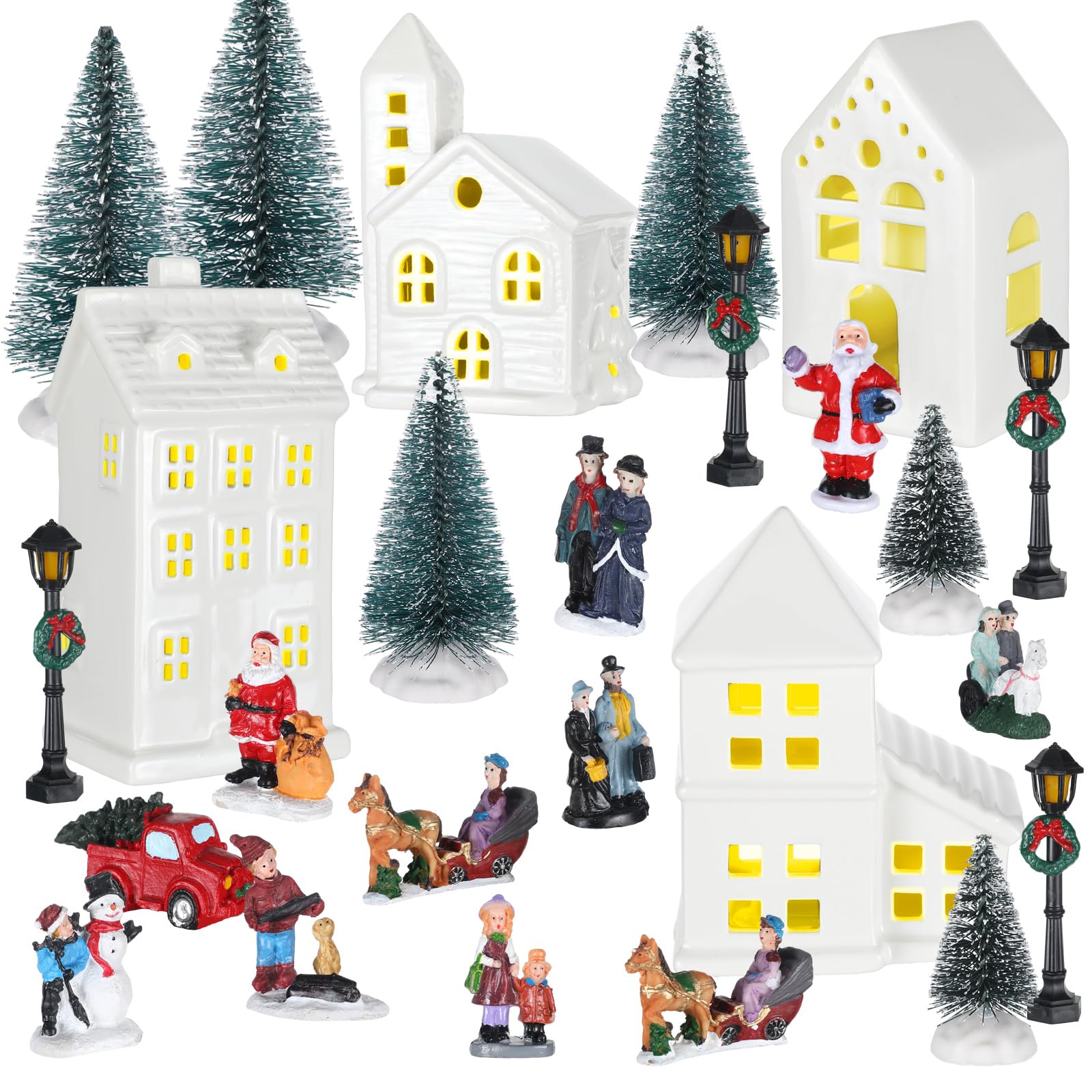 Soaoo Set da 25 pezzi di villaggio natalizio illuminato a LED, case di villaggio di Natale, mini figurine natalizie in miniatura per la collezione da tavolo mensola mensola accessori per interni
