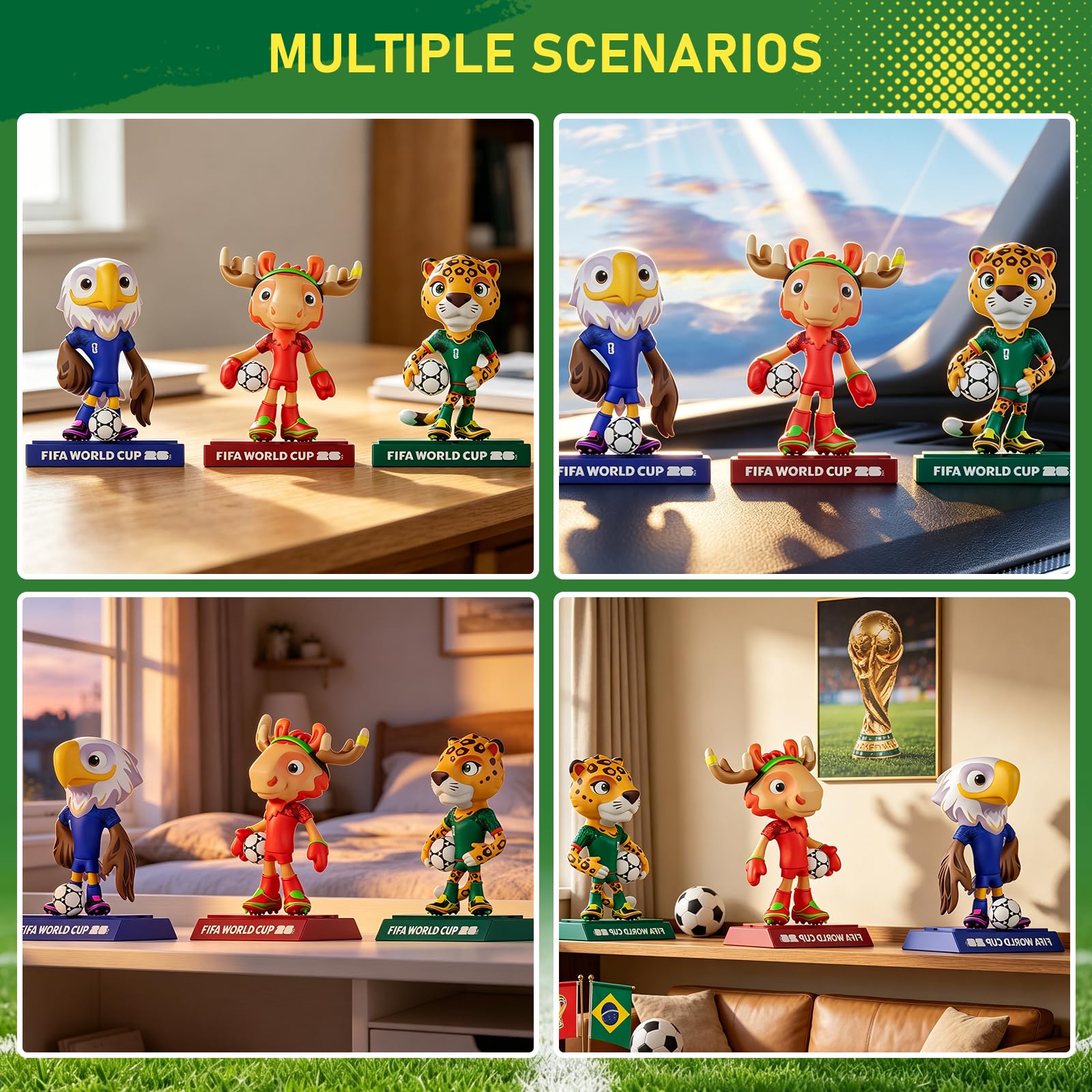Sanyetral FIFA World Cup 2026 3PCS Figuras de Mascota Juego de Conjunto Base B (9 cm) para Exhibición, Incluye Clutch, Zayu, Maple