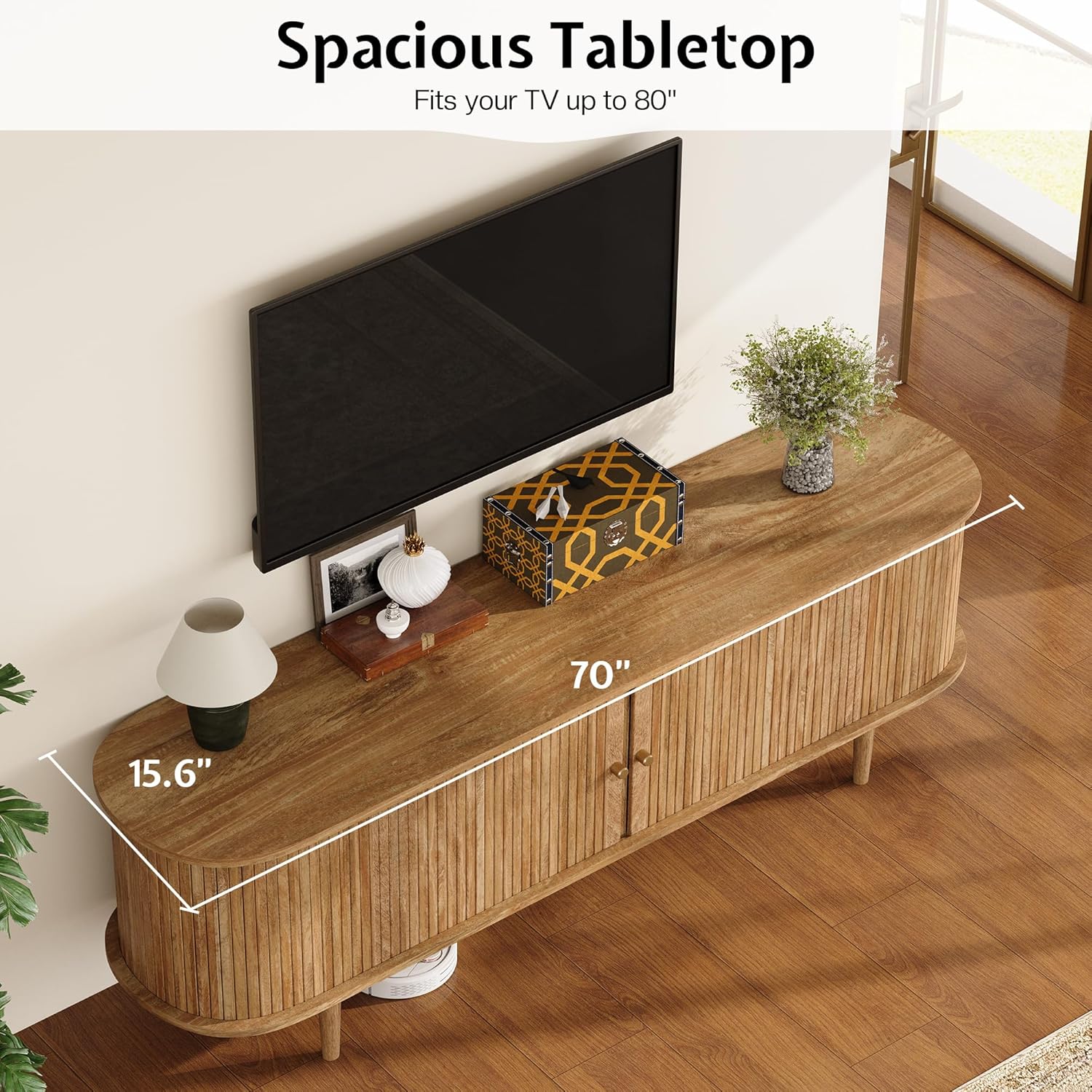 fluted 70 inch tv stand with tambour door and solid wood legs
