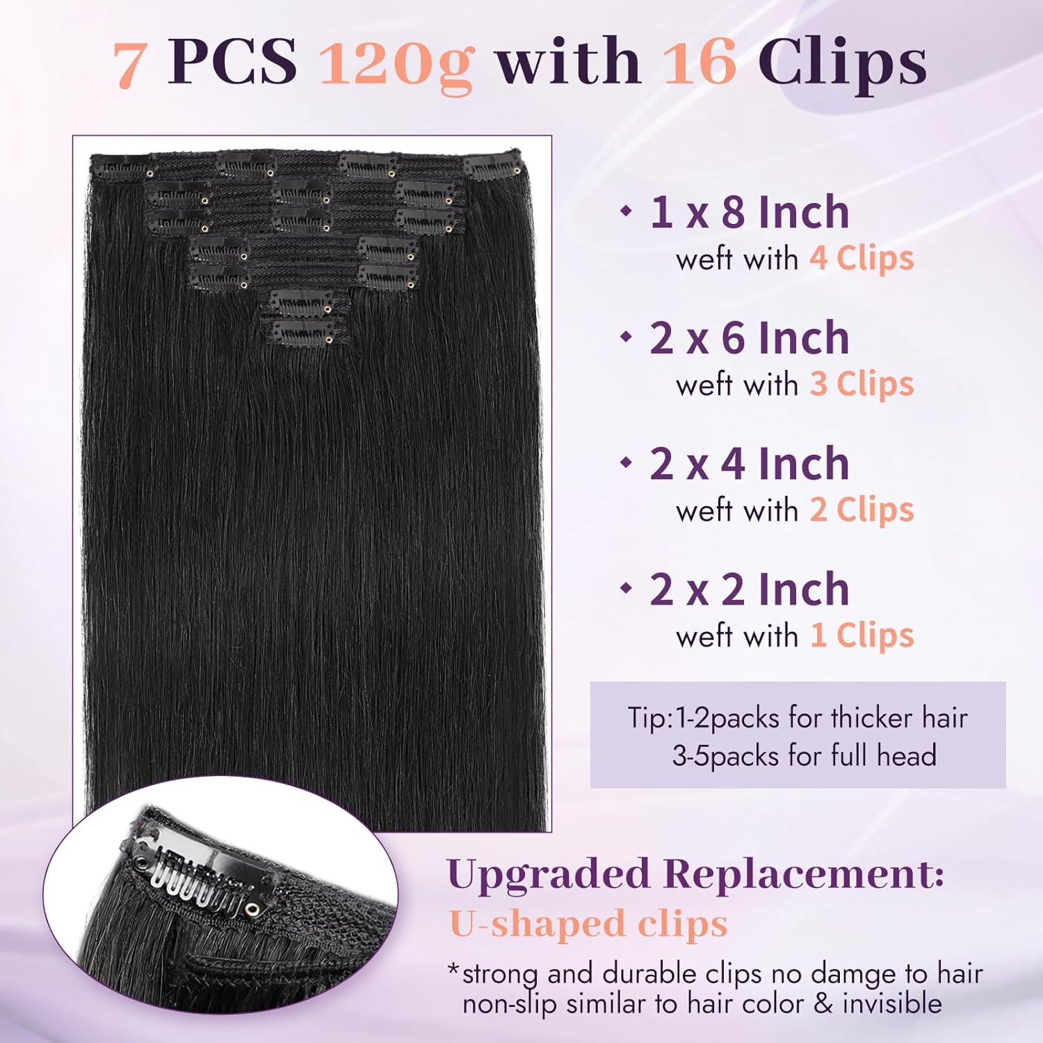 Clip in Extensions Real Human Hair Black Remy Lace Weft 20 Inch 7PCS 120g for Women