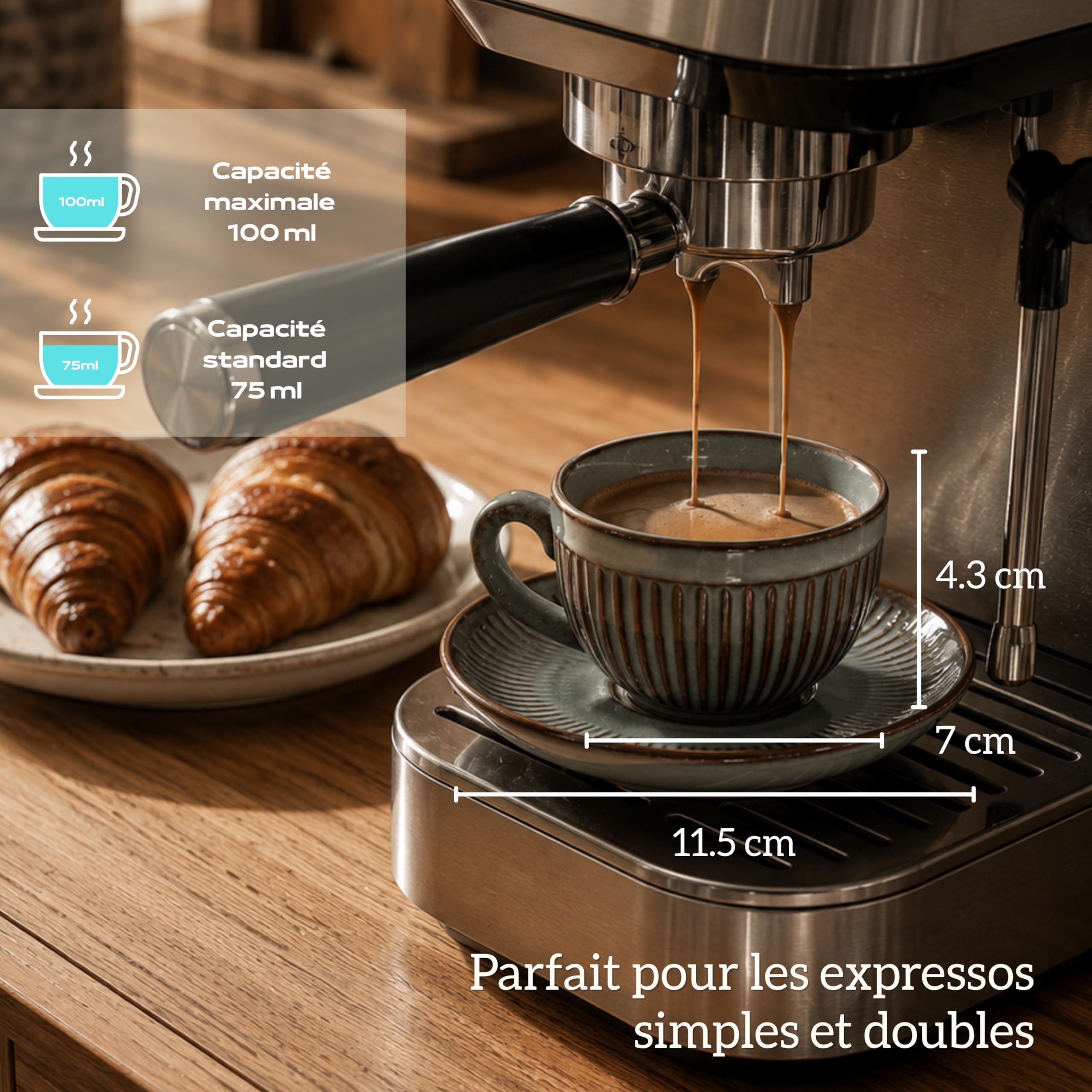 6 Tasses à Café Expresso avec Soucoupes-Tasses 100ml avec Anse - Motif Rayé - Couleurs Uniques de Kiln, Parois Épaisses, Coffret Luxe,Conserve la Chaleur, Idéale pour Café & Thé - Gris
