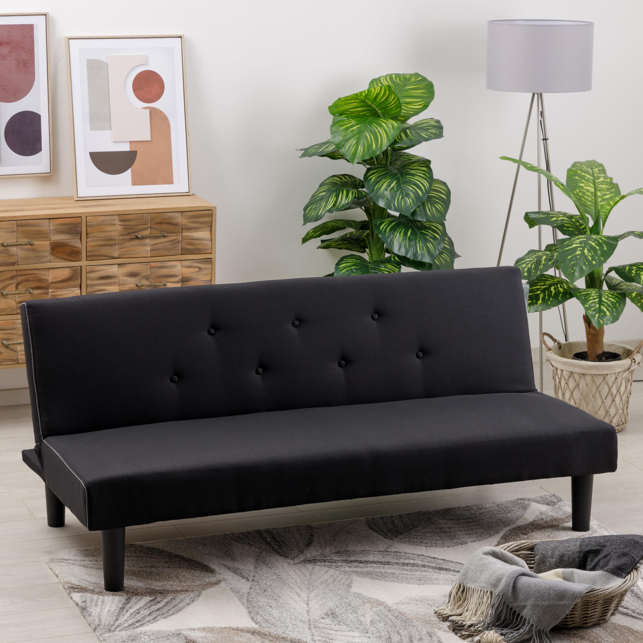 Baroni Home 3-Sitzer Stoff Sofa Bett umwandelbar in Polsterbett, Liegesofa mit Kunststoffbeinen für Wohnzimmer, Gästezimmer, Öffnet 93 cm, 167x70x77 cm (Schwarz)