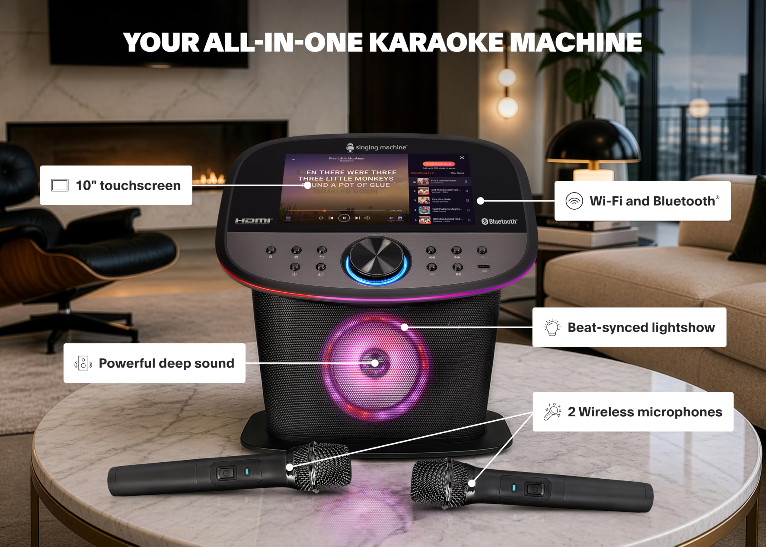 Singing Machine Platinum Plus Karaoke Premium con Pantalla – Sistema Todo en Uno – 2 micrófonos inalámbricos – Altavoz Bluetooth Wi-FI – Compatible con Youtube & Spotify – Aplicaciones integradas