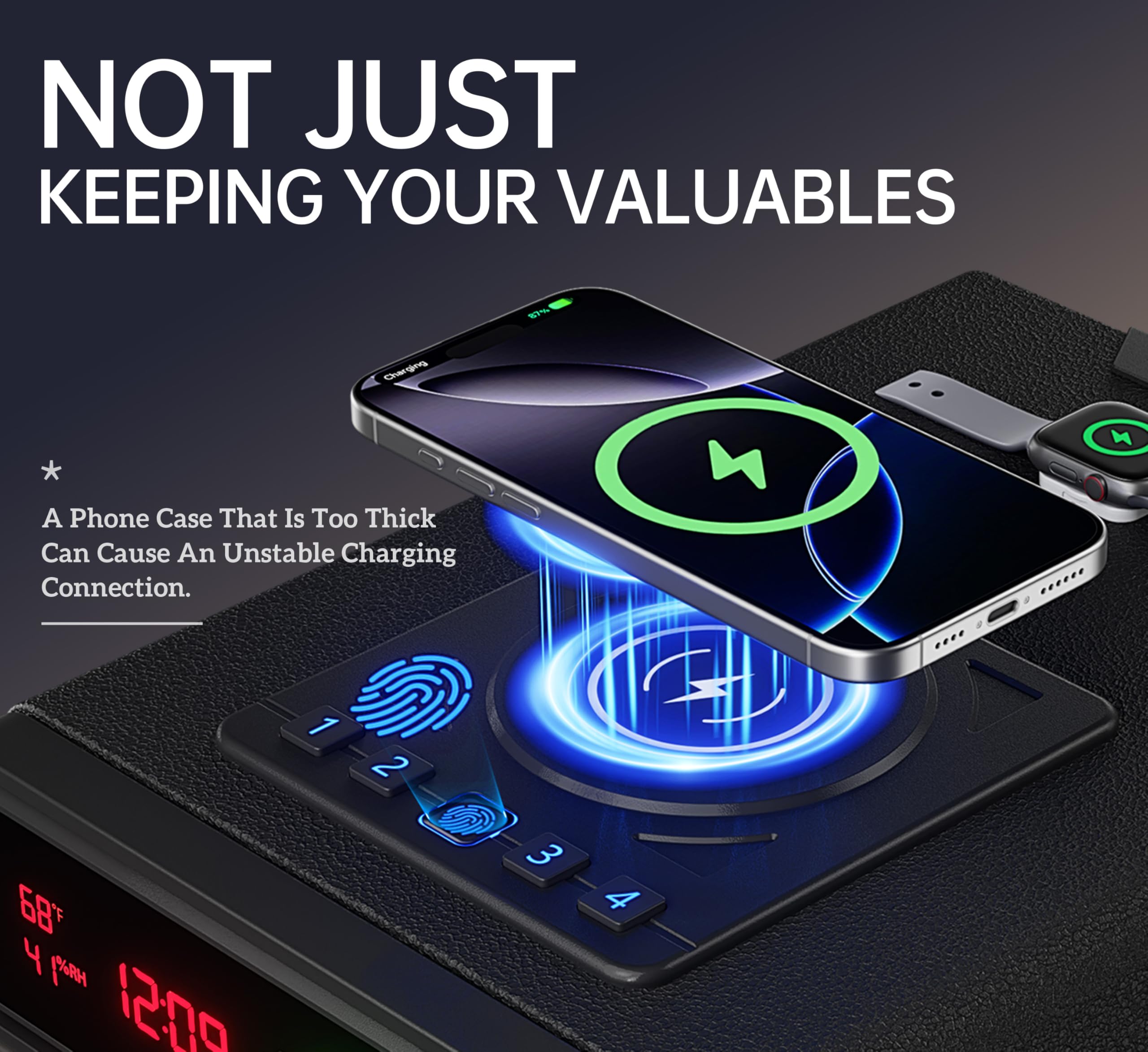 ORARAER ORARAER Biometric Smart Gun Safe with Wireless Charging, 3 Quick Access Money Box with Fingerprint - Compact Bedside Drawer Safe, 24/7 Digital Clock handgun safe,Gifts for Men in use