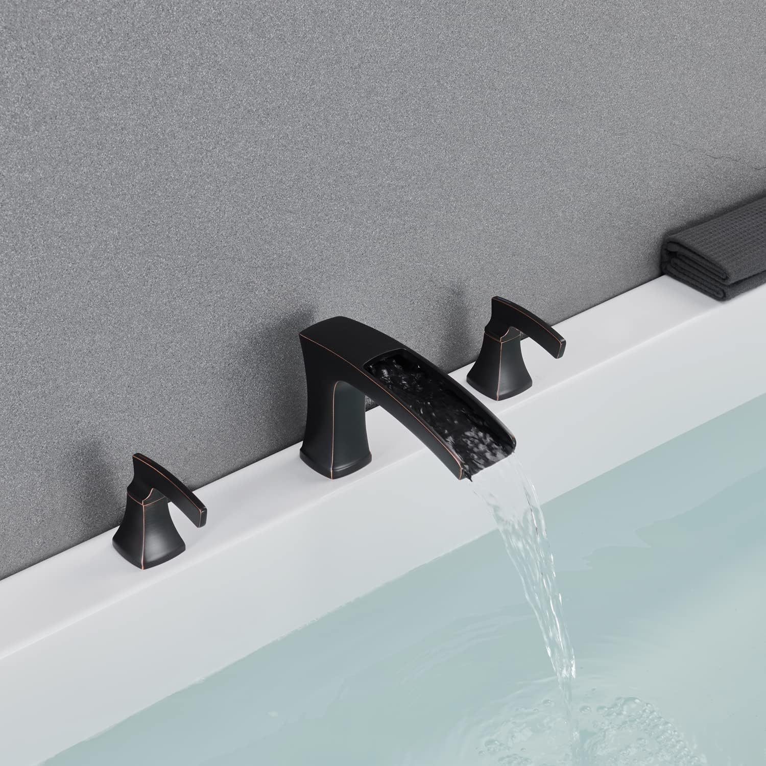Roman Tub Filler Waterfall Tub Faucet Oil Rubbed Bronze Deck Mount Bathtub Faucets 3 Hole Brass Bathroom Faucets with 2 Handles