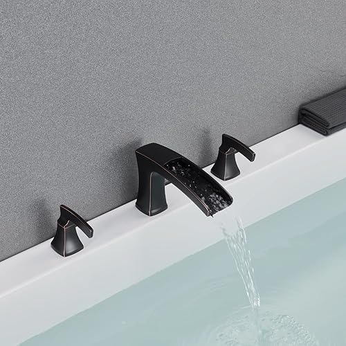 Miniatura 7 de Grifo de bañera romana de bronce frotado con aceite, grifos de baño de latón de 3 agujeros con 2 asas