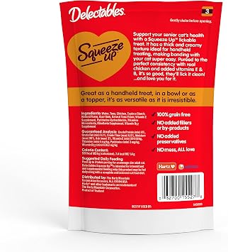 Delectables Squeeze Up Creamy Squeezable Puree, Lickable Wet Cat Treats, Grain Free, No Added Fillers, No By-Products, No Added Preservatives, 0.5 Ounces Senior Chicken, 32 Tubes Total