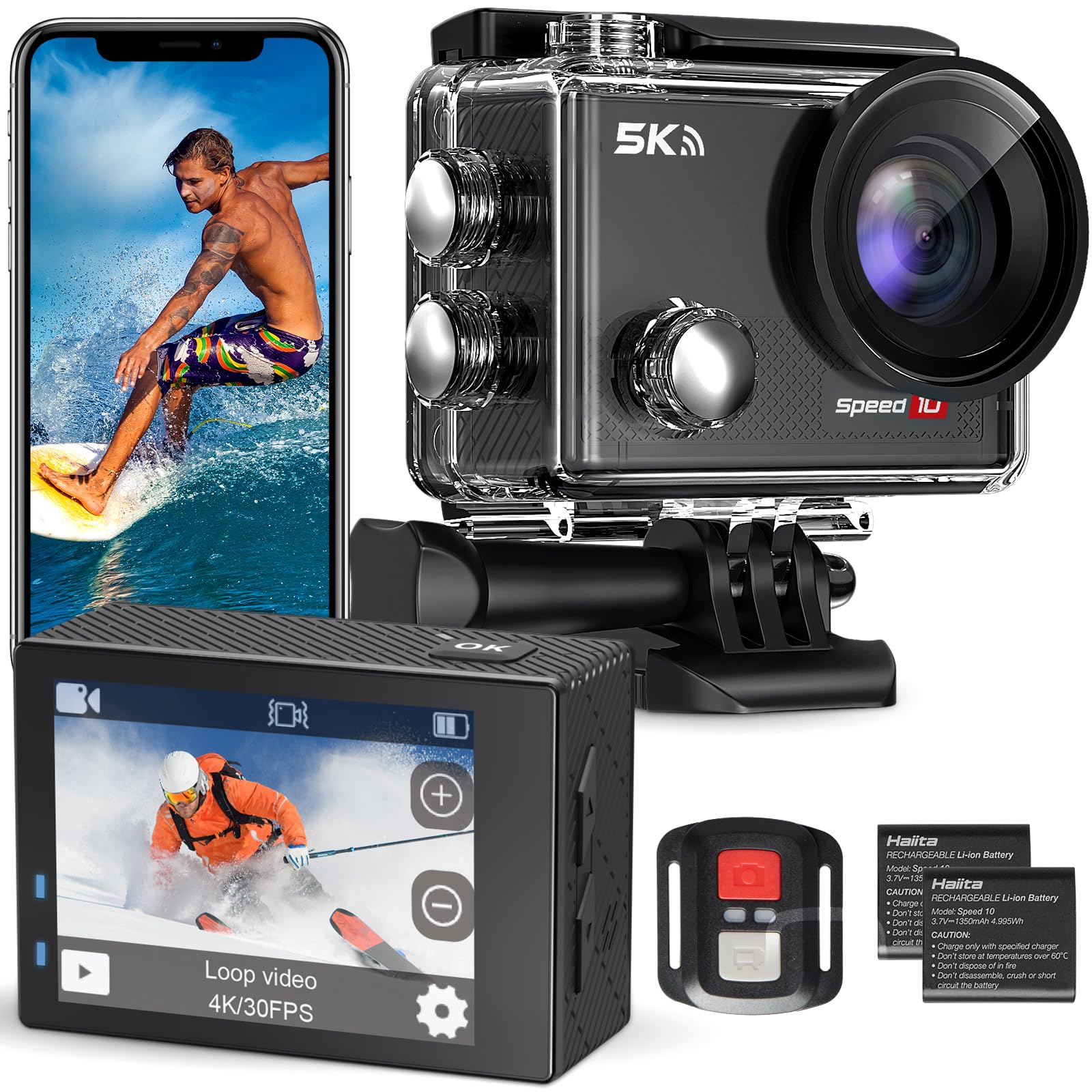 Speed 10 Action Cam, 5K30FPS 30MP Action Cam, 40 m wasserdichte Unterwasserkamera, WLAN, 170° Ultraweitwinkel, Ice Action Kameras, 5-Fach Zoom, mit Fernbedienung und 2X 1350 mAh Akkus