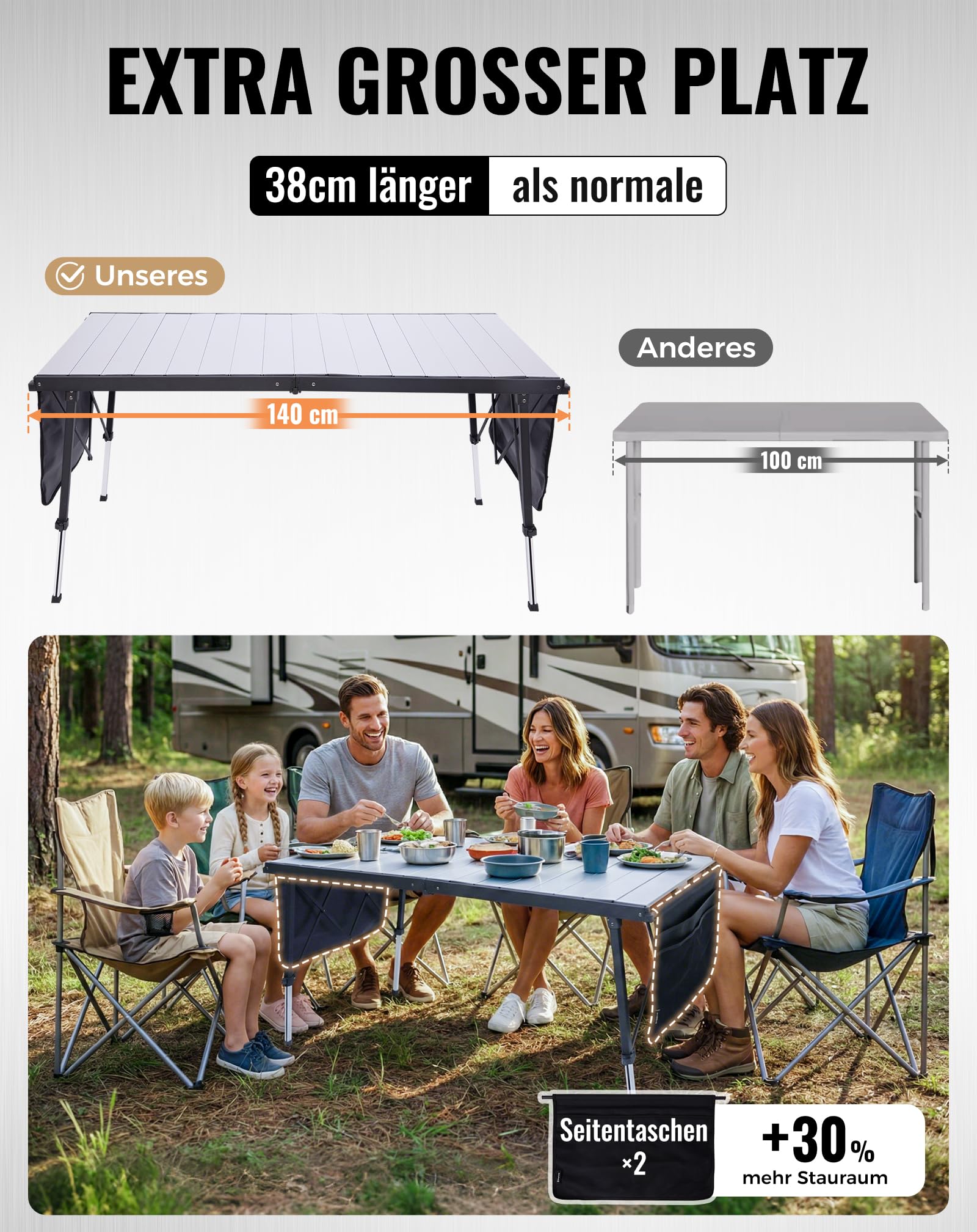 KingCamp Campingtisch Klappbar Extra Groß Höhenverstellbar, 140x70cm 48-70cm Mit Aufbewahrungstaschen, Leicht & Stabil Für Garten, Balkon & Outdoor