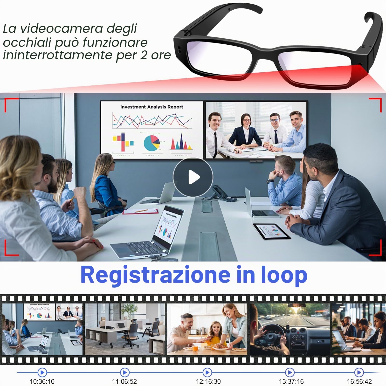Telecamera Nascosta Occhiali 1080P HD, Portatile Telecamera Spia Bicchieri, Spy Cam Microcamera Supporto Registrazione Video/Fotografia