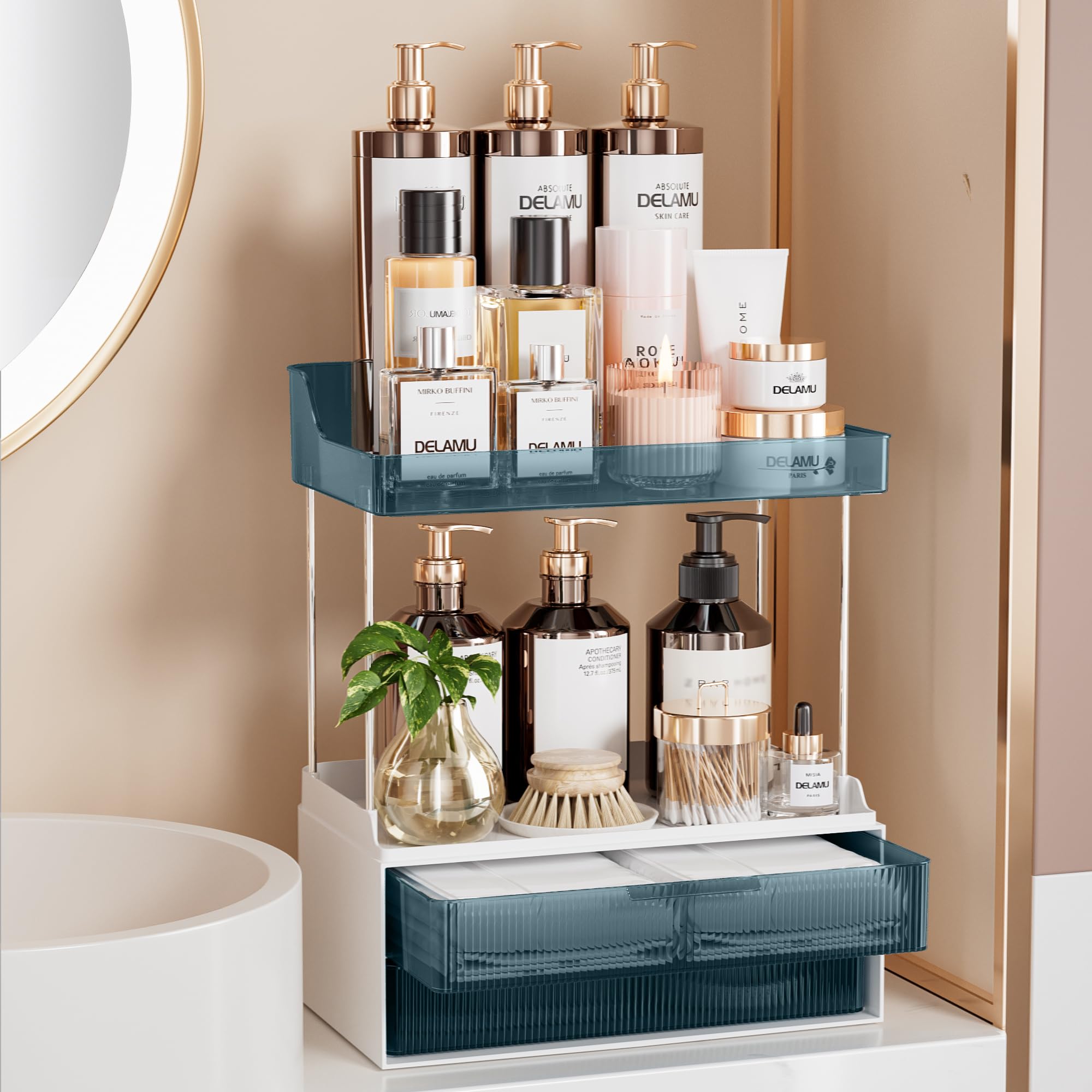 Delamu Bathroom Organizers and Storage, 2 Tier 2 Drawer Makeup Organizer Countertop, Easy to Install, Ideal for Bathroom Counter, Vanity, Ideal for