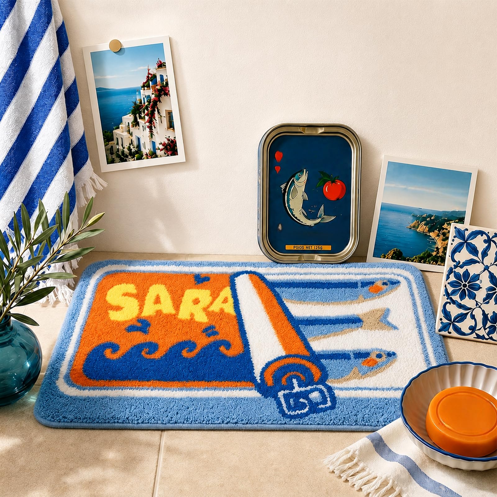 Tappetino da Bagno a Scatola di Sardine, Tappeto da Bagno Divertente con Pesce e Limoni, Morbido Tappeto da Bagno in Microfibra Antiscivolo Lavabile, Tappeto Doccia retrò per Bagno 50 x 80