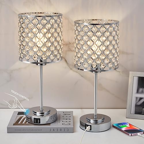 Miniatura 2 de GyroVu Juego de lámparas de mesa y lámpara de pie, lámpara de mesa de cristal plateado con puertos USB+lámparas de pie de cristal, lámparas Morden