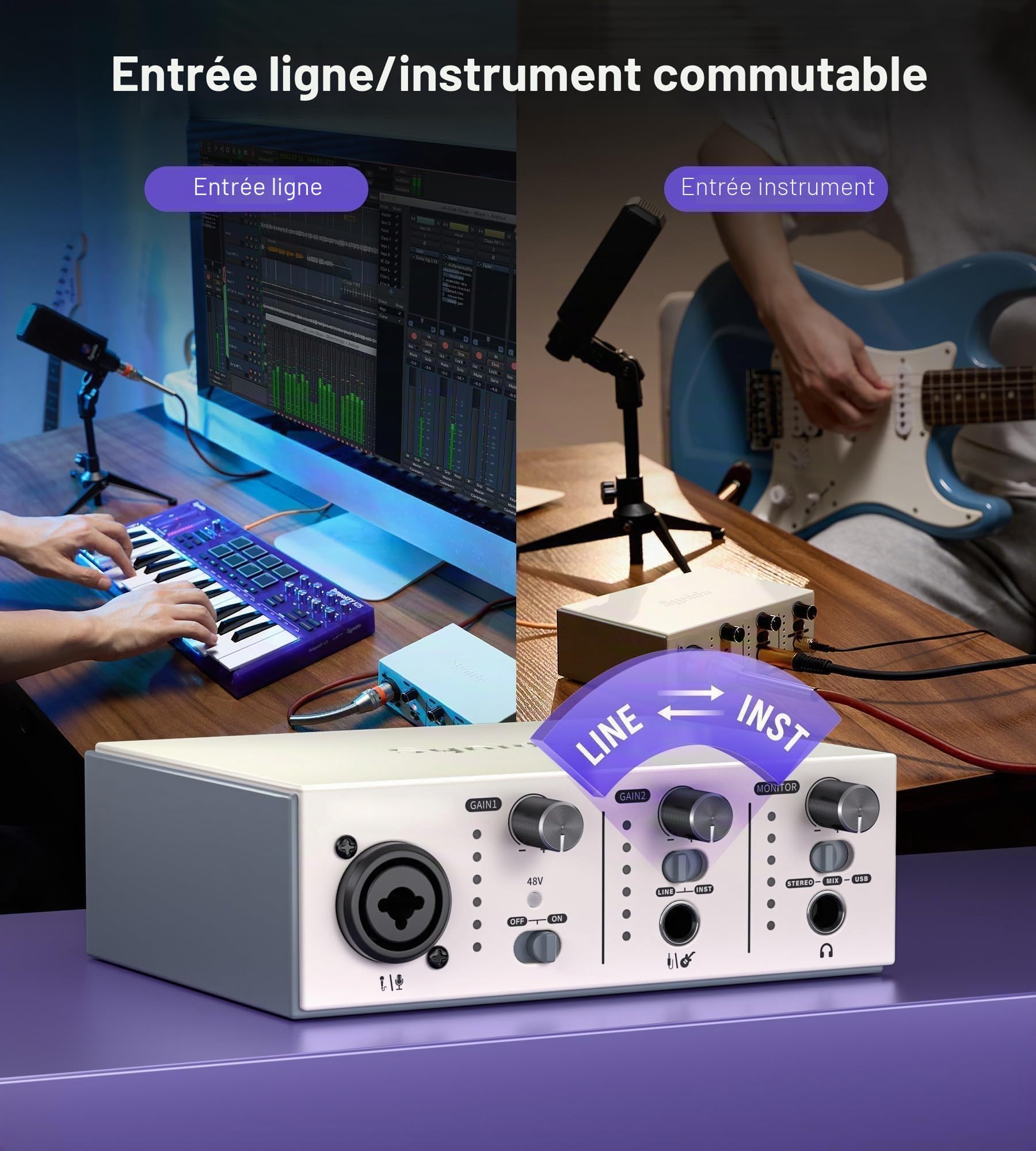 Synido Interface audio USB C pour enregistrement de musique, streaming, podcasting avec XLR, entrée ligne, 24 bits/48 kHz, alimentation fantôme 48 V, 2 canaux, argent