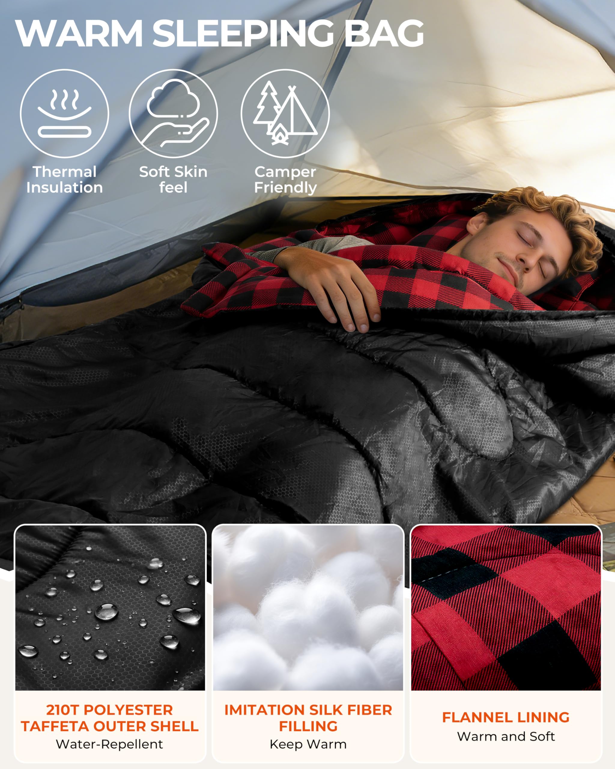 Sportneer Schlafsack Outdoor - Winterschlafsack Flanell 220 x 85 cm Schlafsack Winter mit Abnehmbarer Kapuze, Kompakt Deckenschlafsack 3-4 Jahreszeit Kaltes Wetter Outdoor Winter für Camping