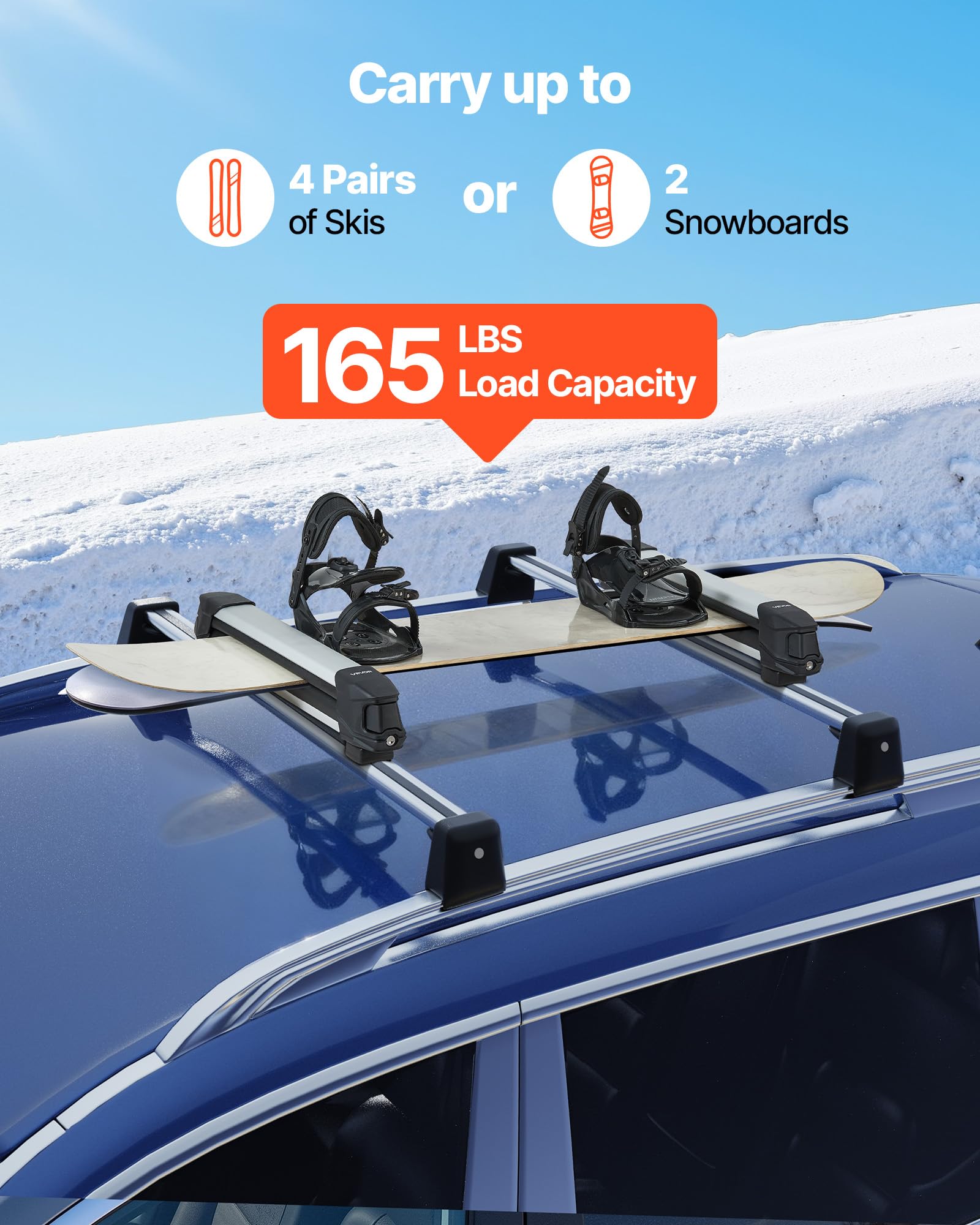 VEVOR Porte-Skis sur Barre de Toit, 2 pcs, Support pour Planche à Neige Universel en Alu avec verrou, pour 4 Paires de Skis ou 2 Planches, Compatible avec la Plupart des Barres transversales à Fentes