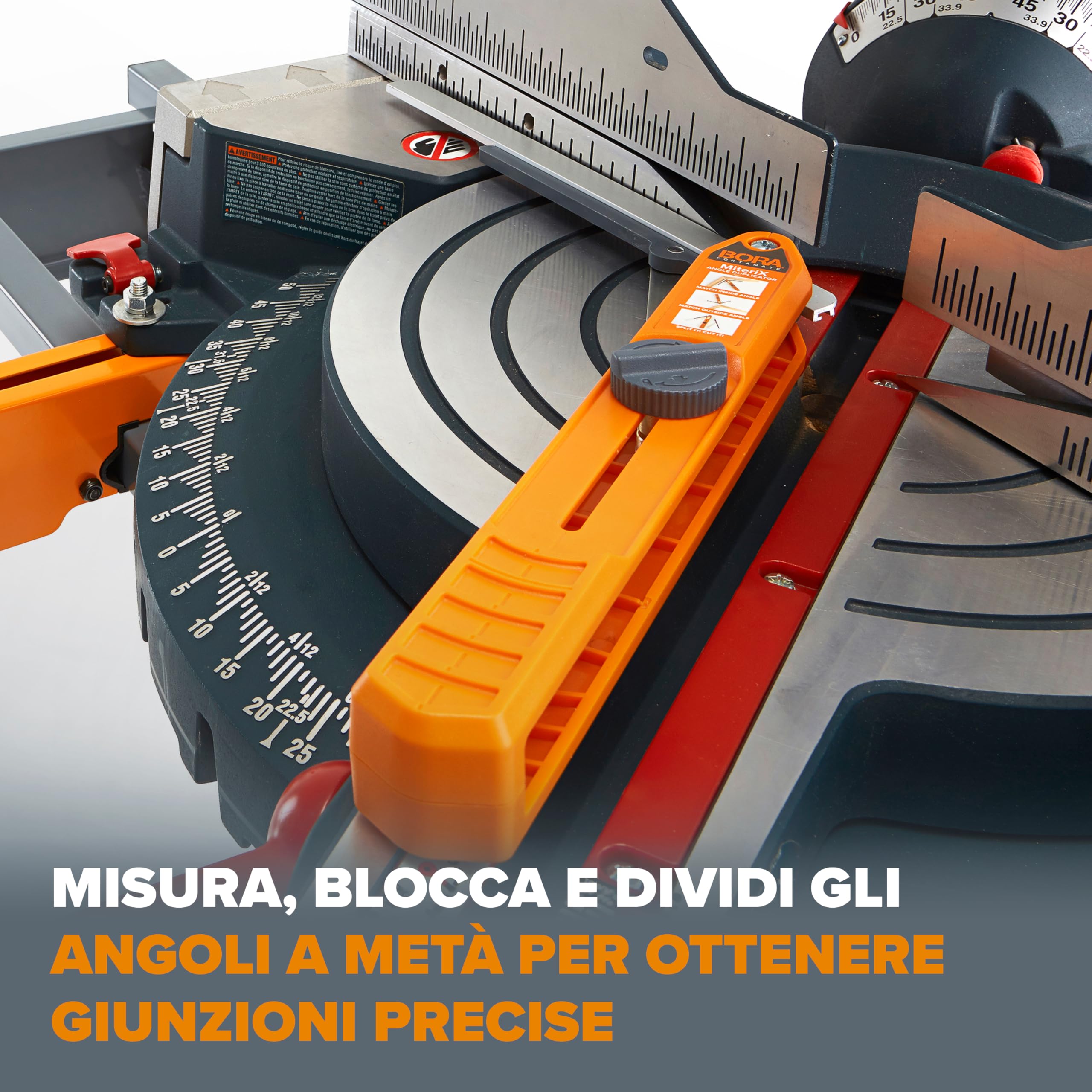 Bora 530401 Miterix. L'eccezionale strumento di misurazione del duplicatore che divide in modo da poter trasferire l'angolo esatto della mitra alla sega, argento/rosso