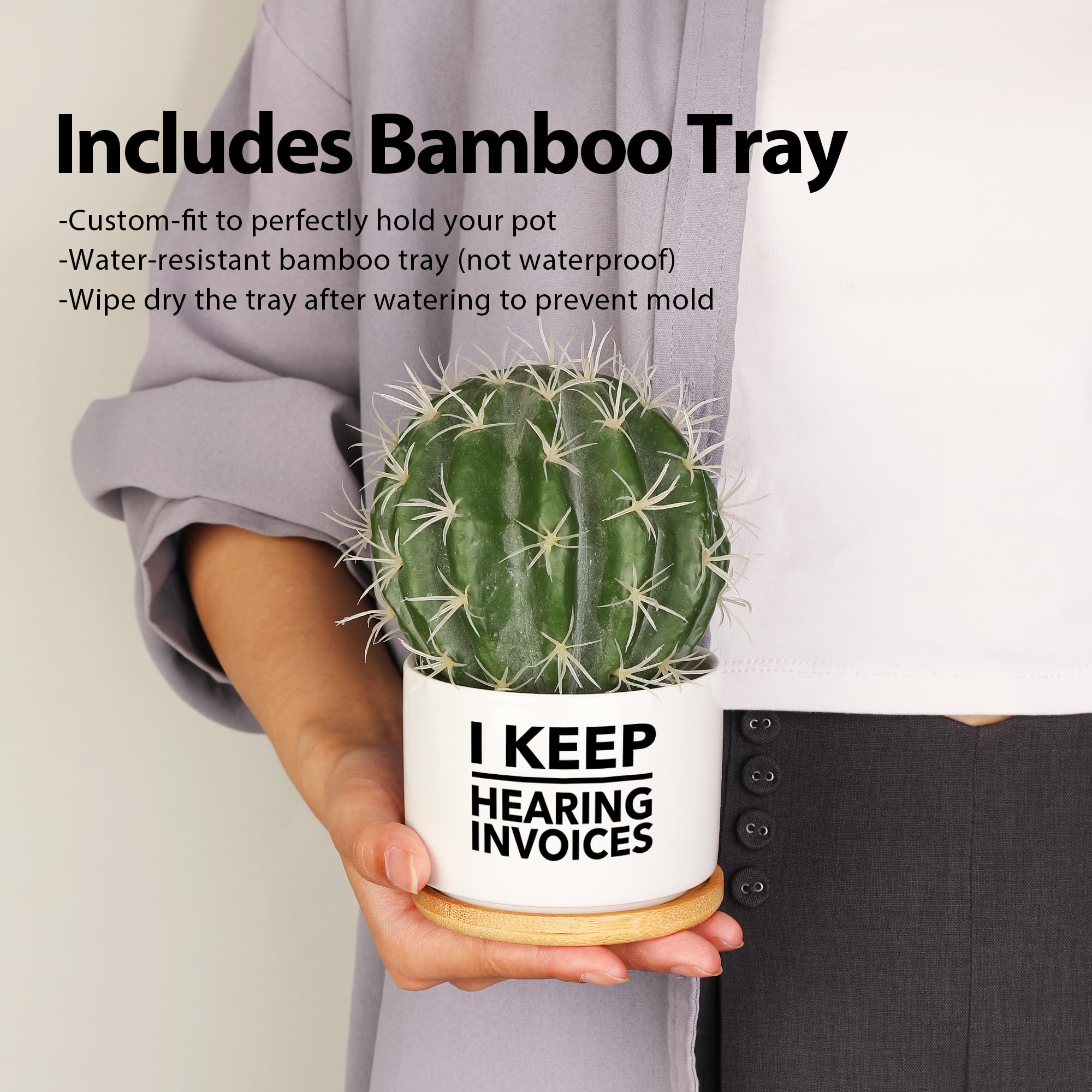 I Keep Hearing Invoices Accountant Gifts for Accounting Student Graduation Gifts CPA Bookkeeper Ceramic Succulent Plant Pot with Bamboo Tray Round Home Office Decor 3.5 Inch White (No Plants)