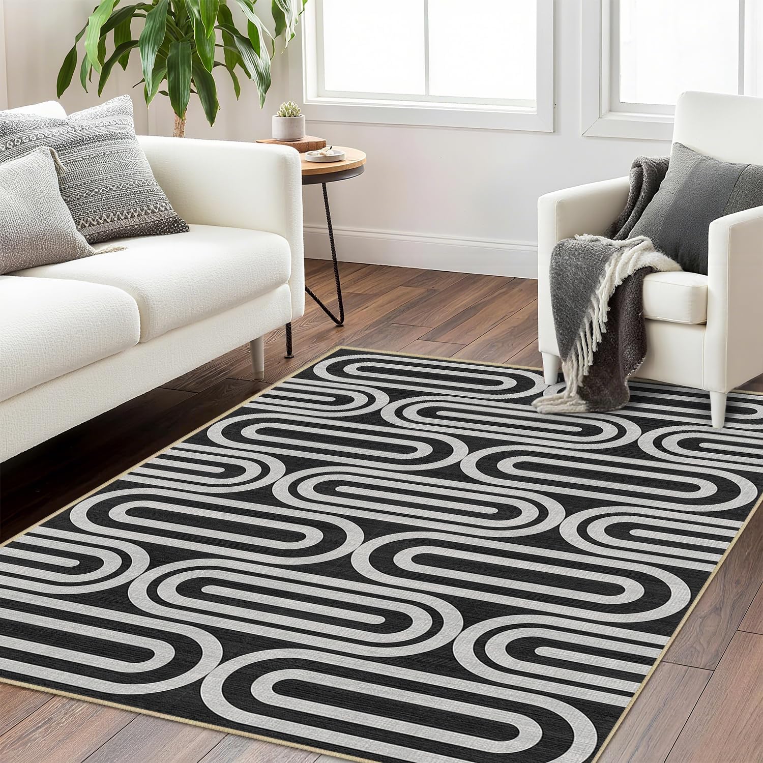Geometric 3x5 Rug for Living Room Bedroom, Abstract Neutral Area Rugs Black White Machine Washable Rug Non-Slip Printed Low-Pile Floor Carpet for Kitchen Bathroom