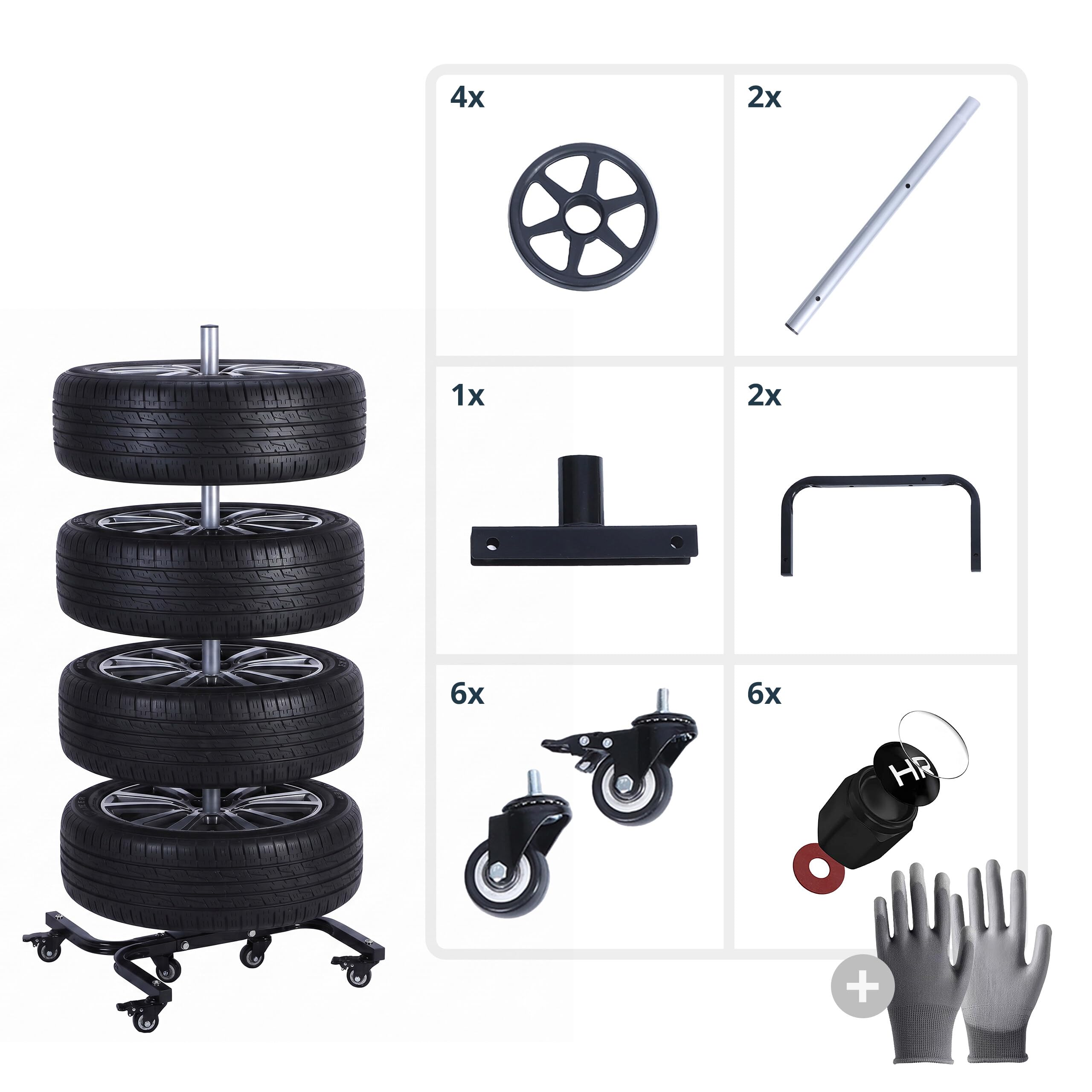 Relaxdays Support de pneus à roulettes pour 4 Jantes, Charge 150 kg, Acier Noir, 130×50×50 cm