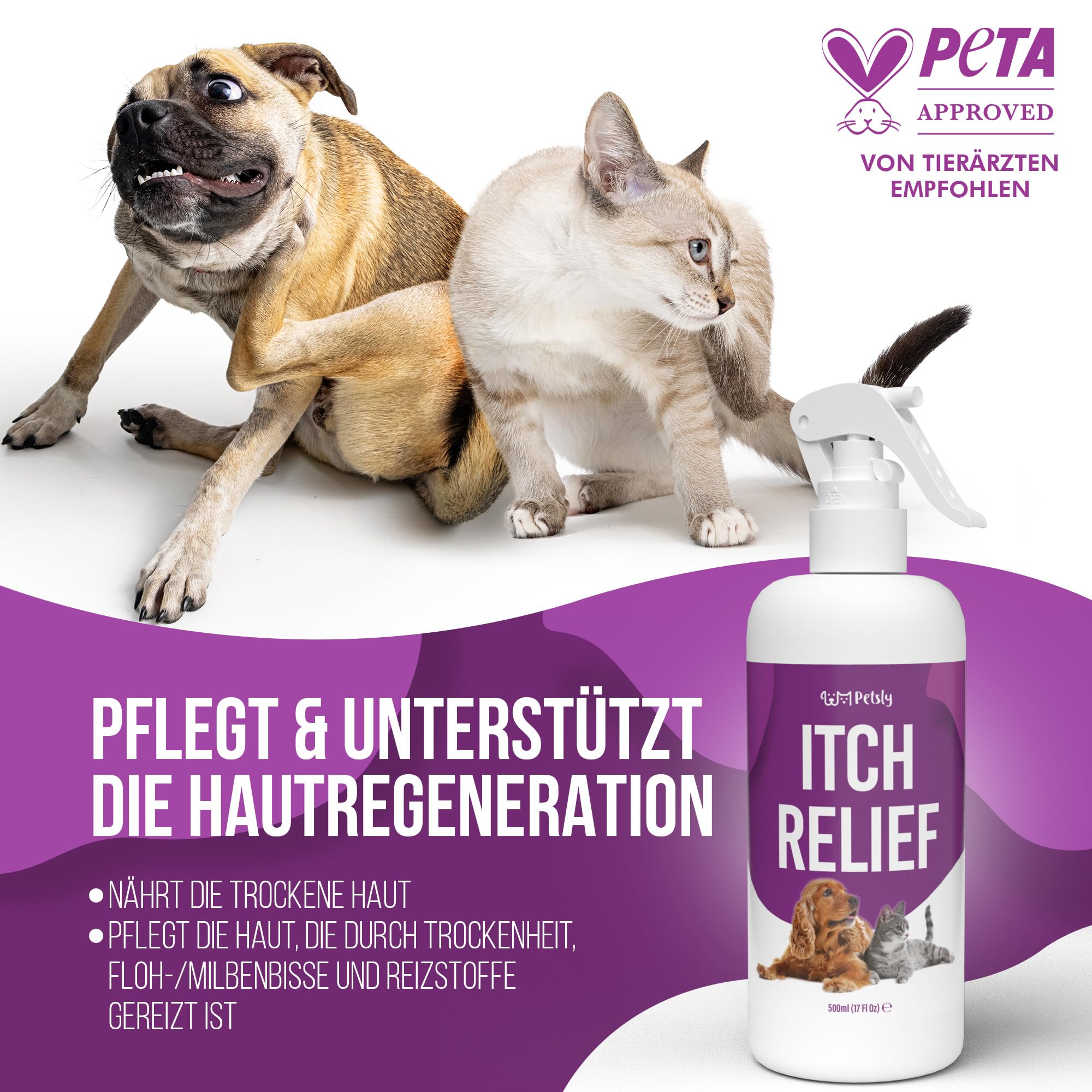 Petsly Anti Juckreiz Spray für Hunde & Katzen 500ml - Sofortige Linderung bei juckender Haut, Grasmilben & Hautreizungen - Mit beruhigender Aloe Vera für empfindliche Tierhaut