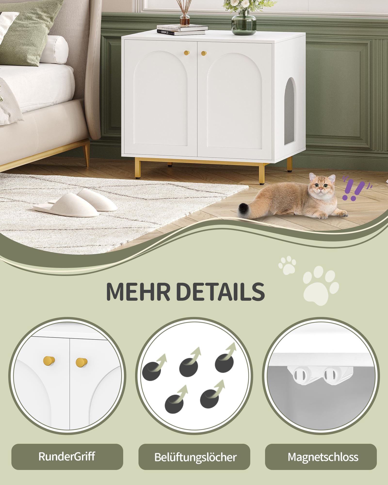 Hzuaneri Katzenschrank, Katzentoilette, Katzenklo Schrank, Katzenhaus mit Tür, Hölzerner Beistelltisch für das Haustierhaus, 80 x 50 x 70 cm, Stabile Katzenschrank, Weiß und Gold CB85003G