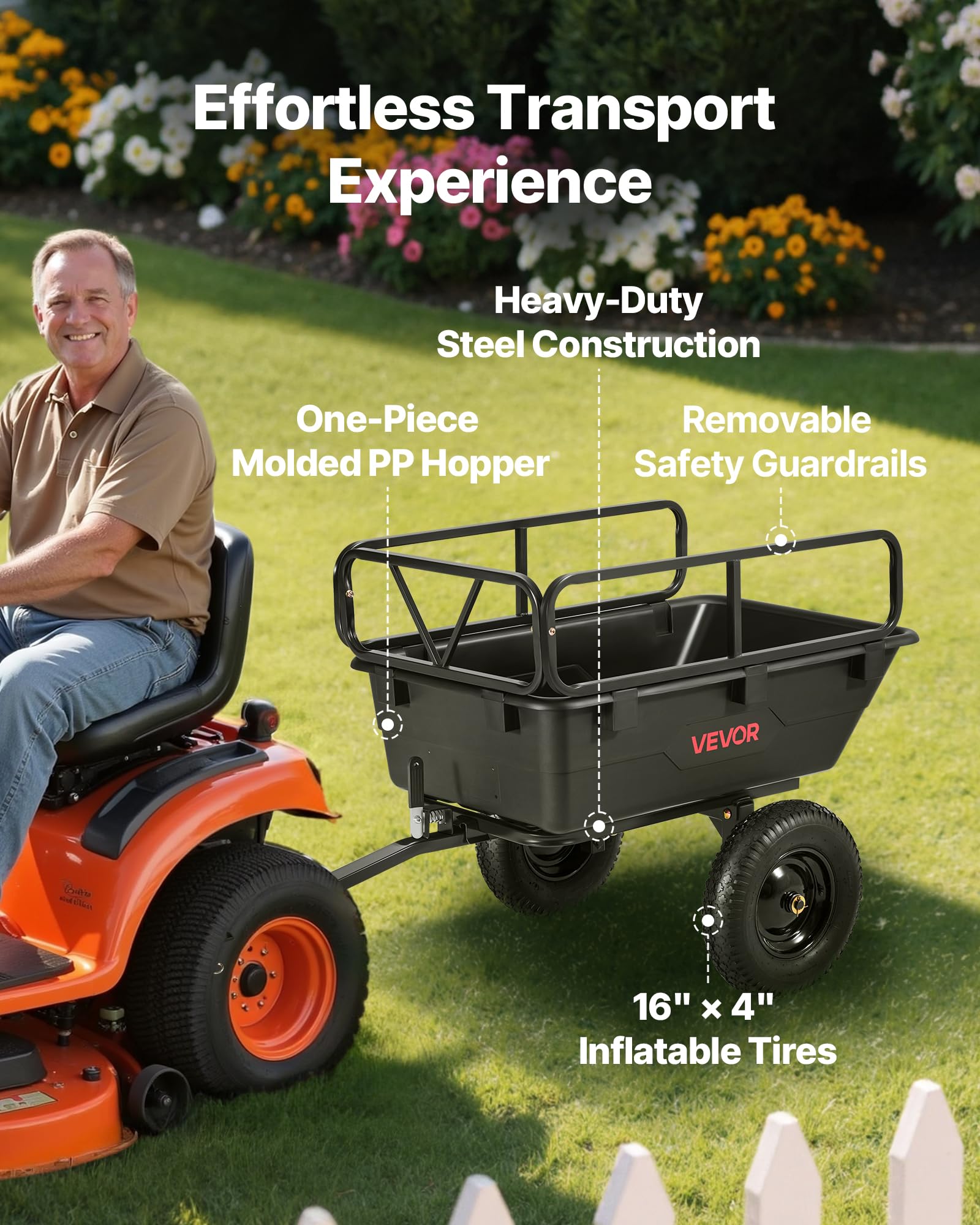 VEVOR Remorque à Benne Basculante, 283 L, Remorque de Tracteur Tondeuse à Gazon Jardin Polyéthylène, Capacité de Charge 226,8 kg, avec Pneus 40,64 cm, Chariot de Transport à Déversement pour VTT, UTV