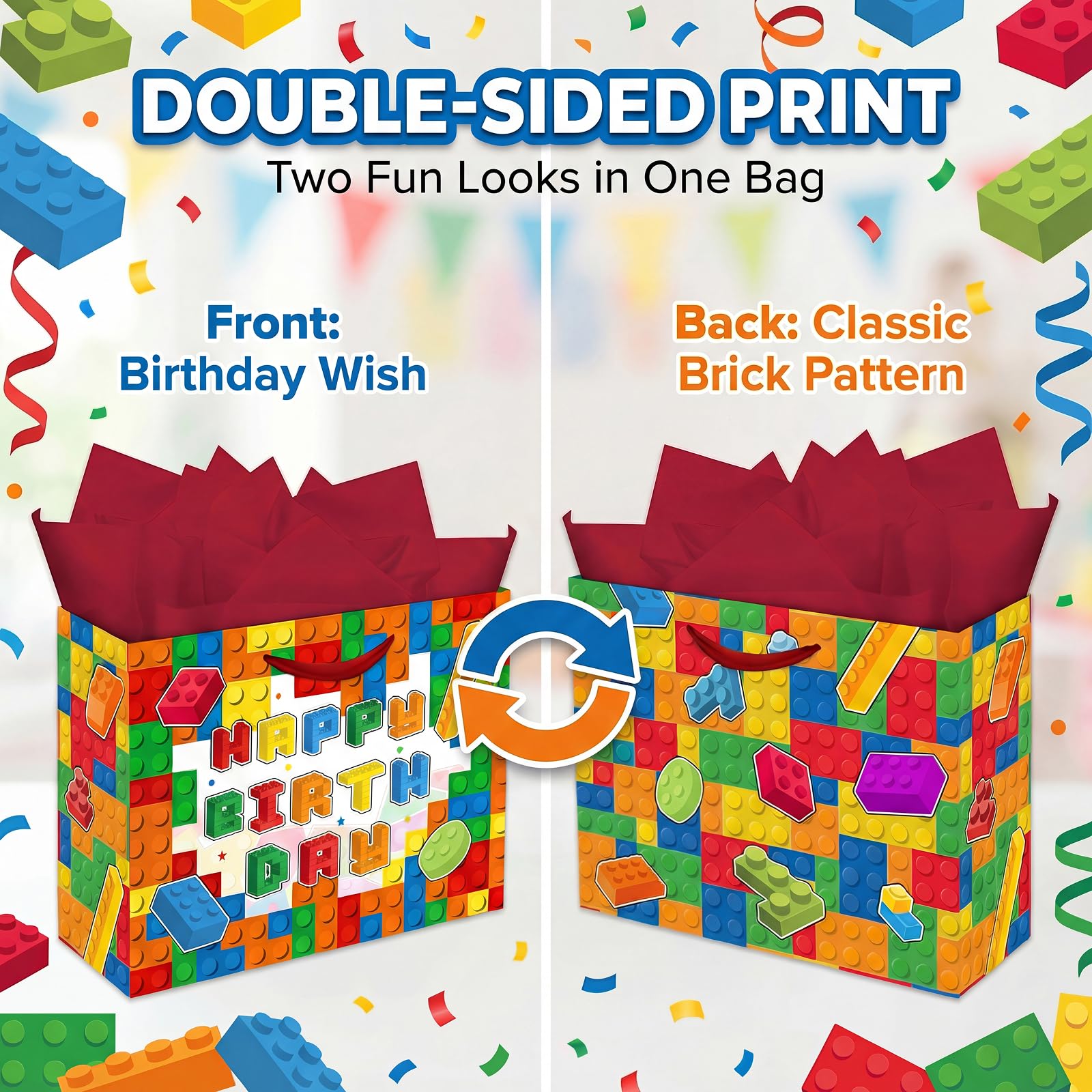 Elunpoe Building Brick Birthday Gift Bag Set with Matching Card & Red Tissue Paper, Colorful Block-Themed Happy Birthday Present Bag for Kids Boys Girls, School Favors, Party Gift Wrap Supplies, 13" x 4.9" x 10.2"