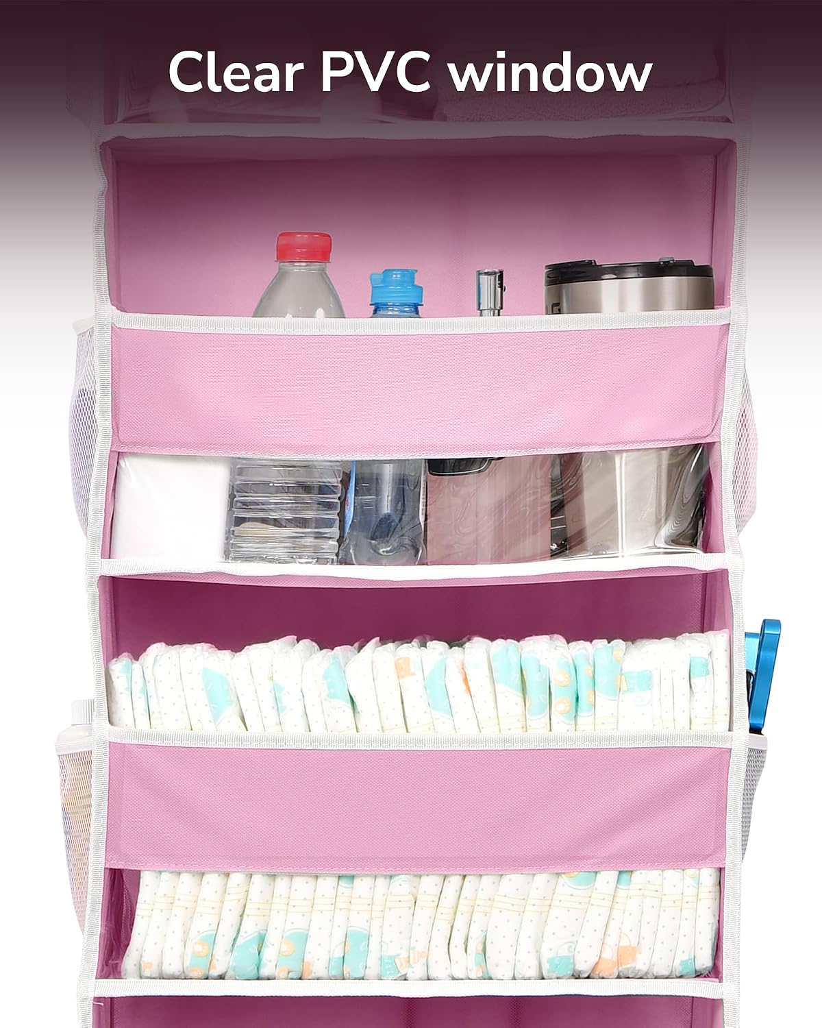 Condition photo showing As Is for ulg 1 pack over door organizer with 5 large pockets 10 mesh side pockets, 44 lbs weight capacity hanging storage organizer with clear window kids toys, shoes, diapers, pink pink 1 pack-5 tier